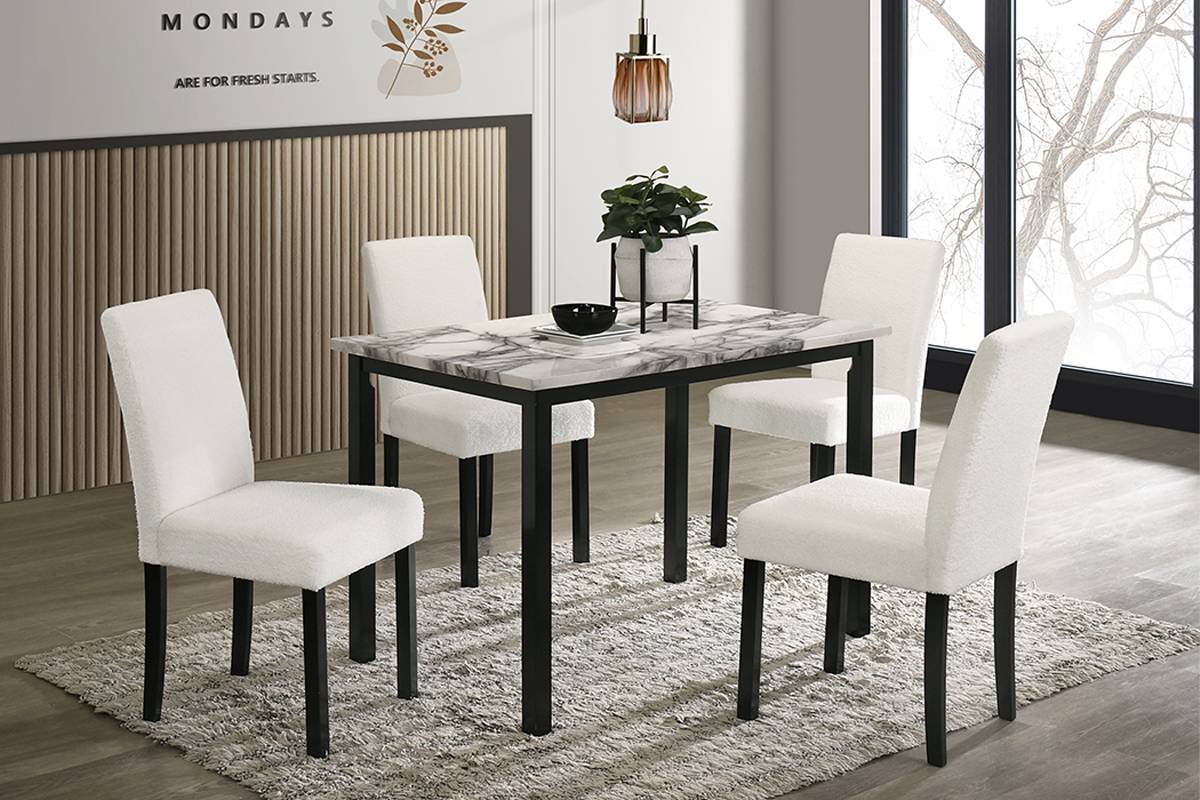 5pc Dining Set -White  Wool Fabric Chairs Faux Marble Top Table -Upholstered 4x Chairs Dining Room