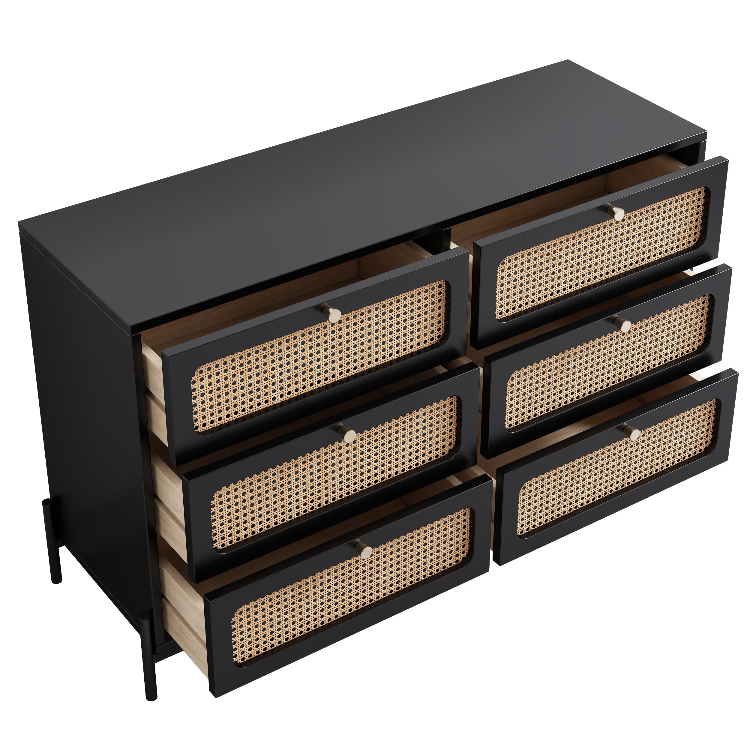 Modern Cannage Rattan Wood Closet 6-Drawer Dresser Wood Storage Cabinet Sideboard for Bedroom