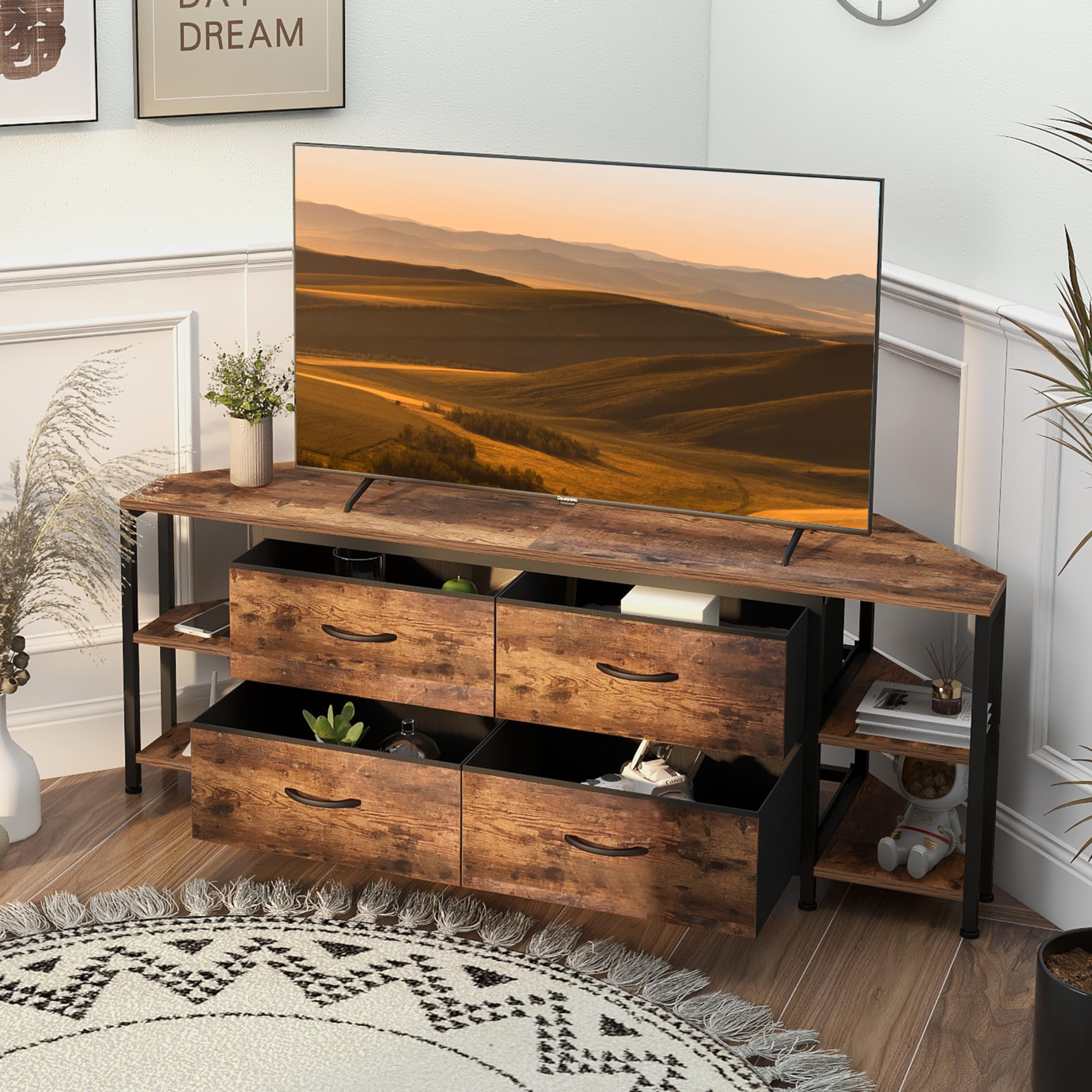 Modern Corner TV Stand with 4 Drawers