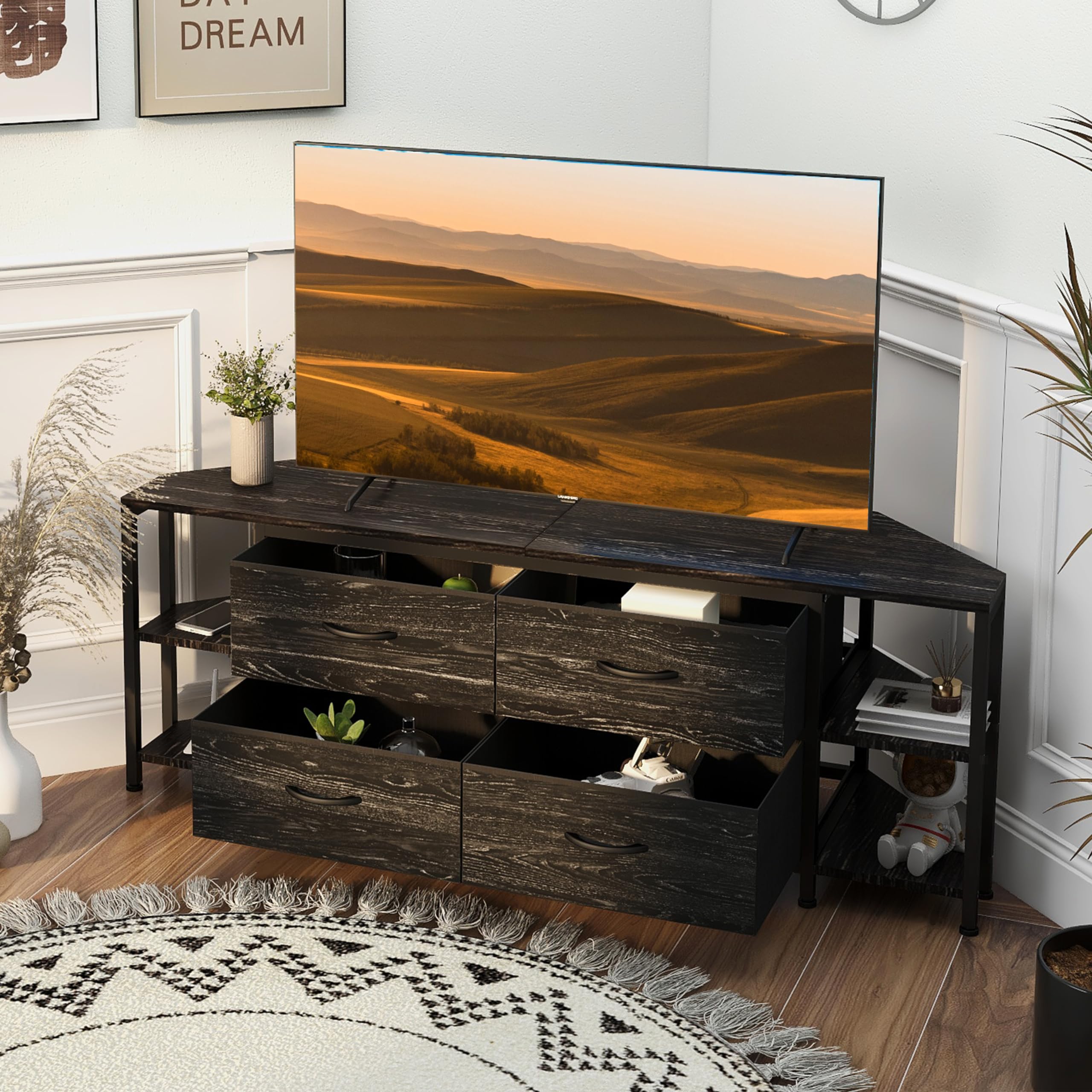 Modern Corner TV Stand with 4 Drawers