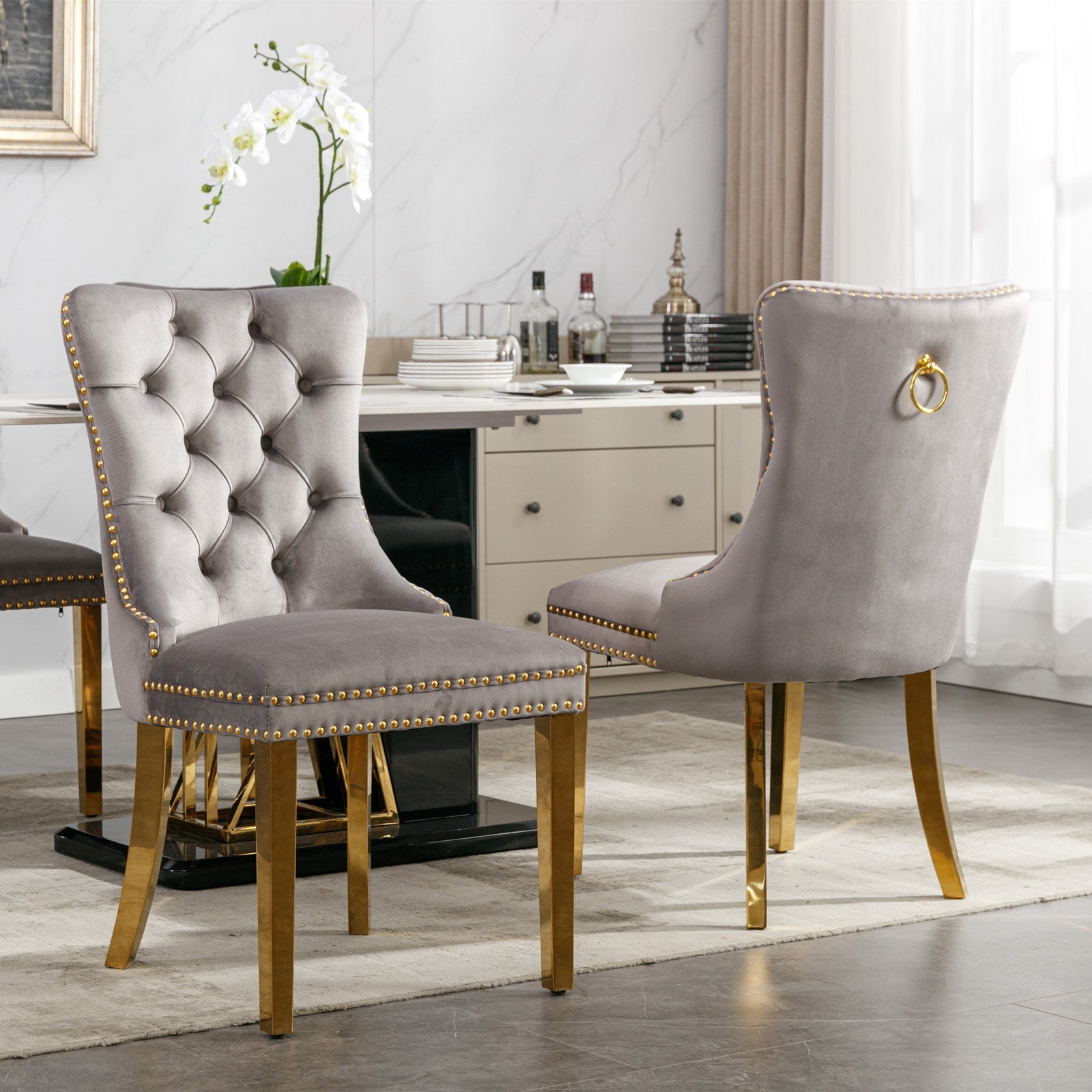 Tufted Solid Wood Contemporary Velvet Upholstered Dining Chair, Set of 2, Gray and Gold