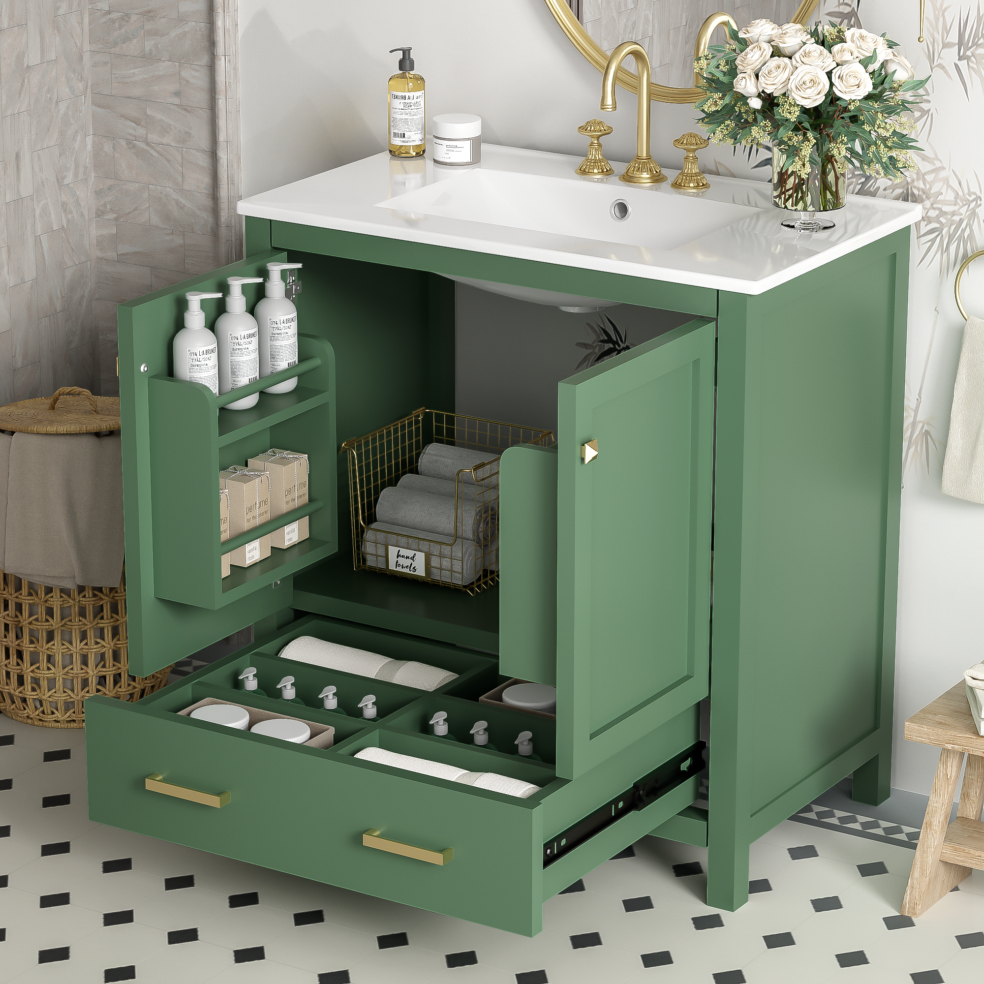 30" Green Bathroom Vanity with Single Sink, Storage Cabinet with 2 Doors and a Drawer, Soft Closure