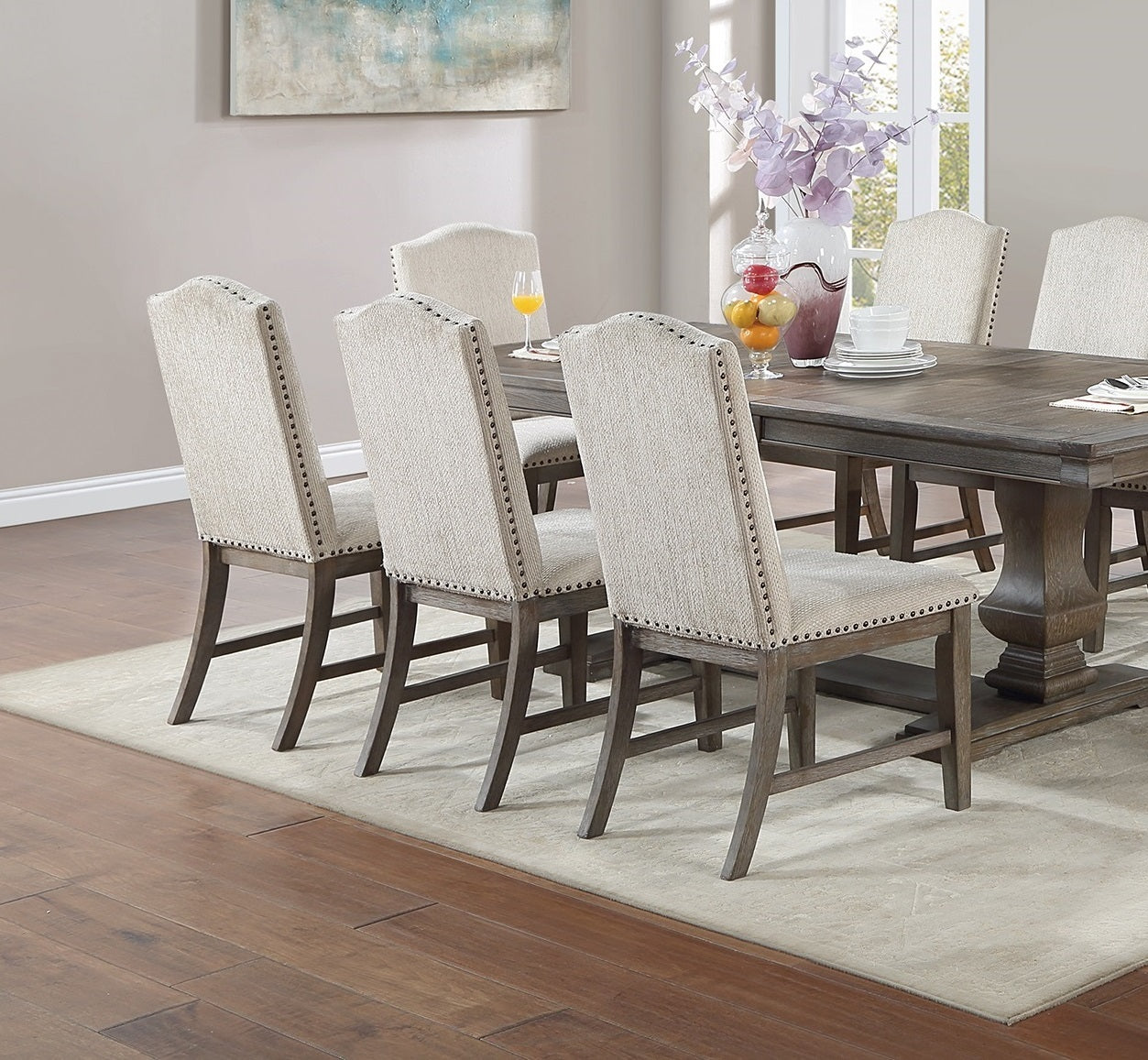 2pc Side Chairs Upholstered Back Oak Finish Nailhead Trim