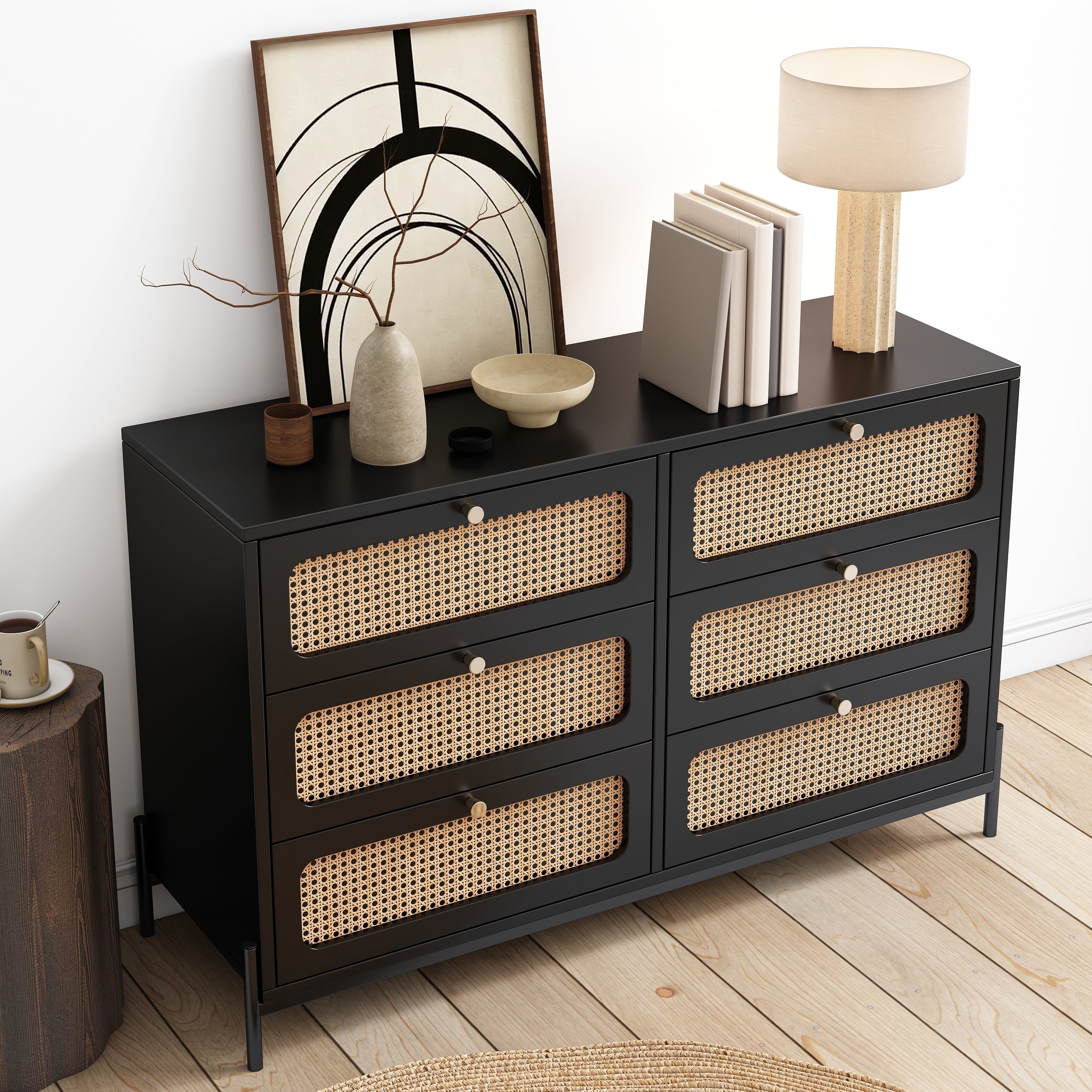 Modern Cannage Rattan Wood Closet 6-Drawer Dresser Wood Storage Cabinet Sideboard for Bedroom