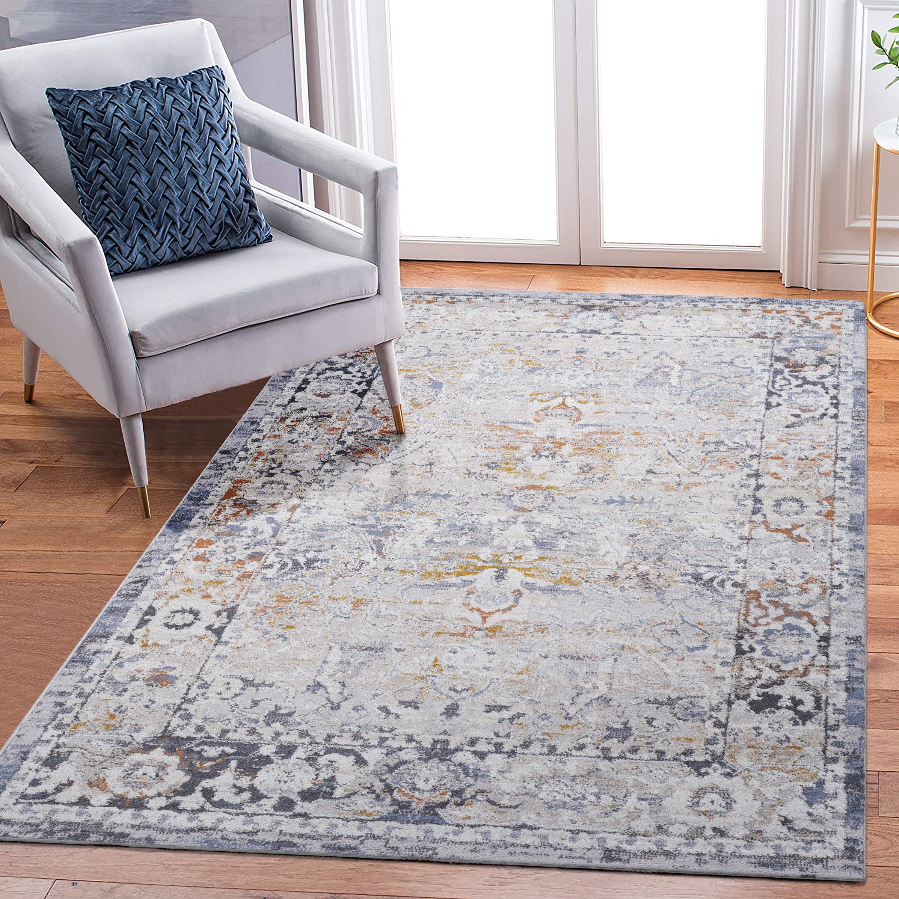 8X10 Ivory/Grey /Traditional Non-Shedding and Stain Resistant Area Rug