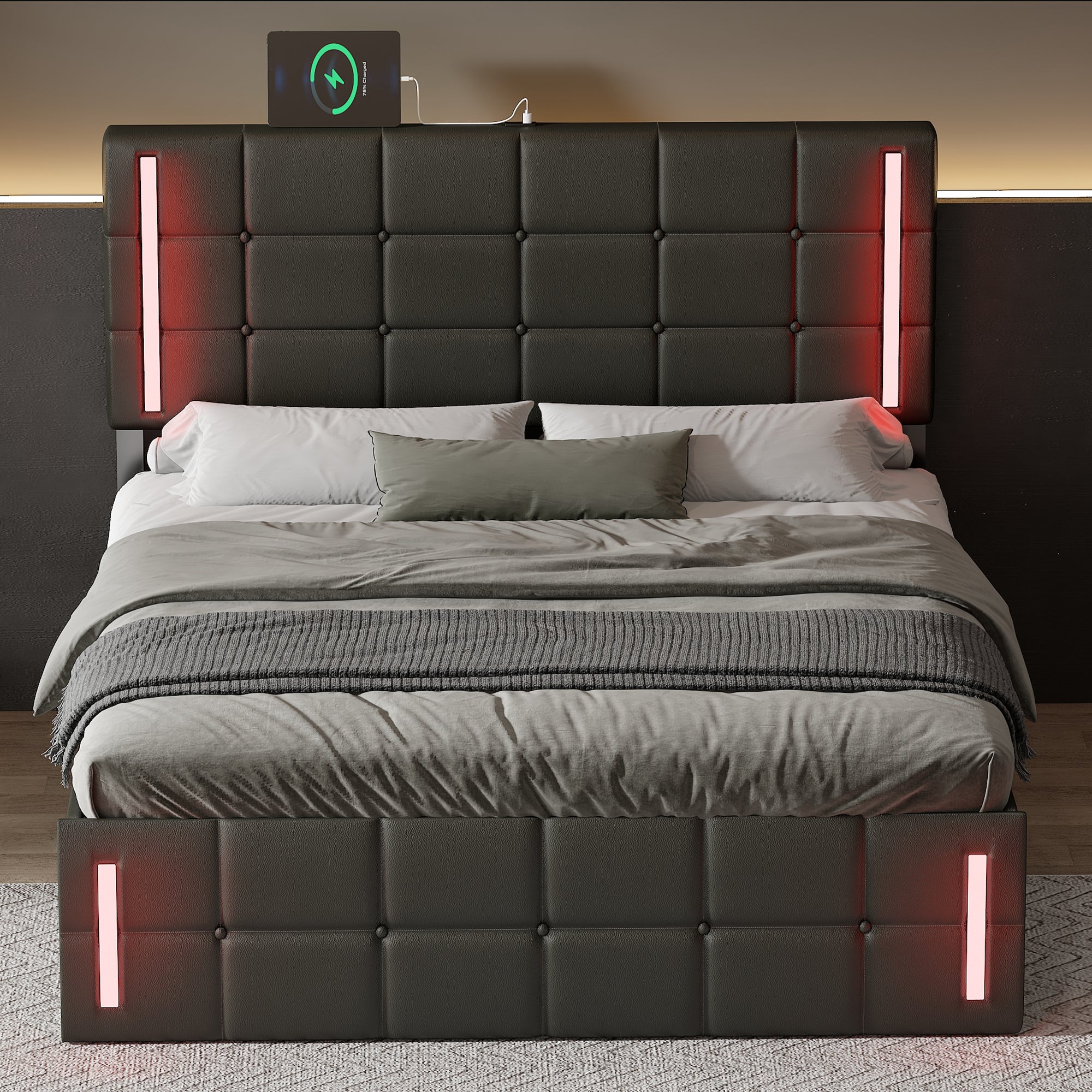 Full Size Upholstered Bed with LED Lights,Hydraulic Storage System and USB Charging Station,Black