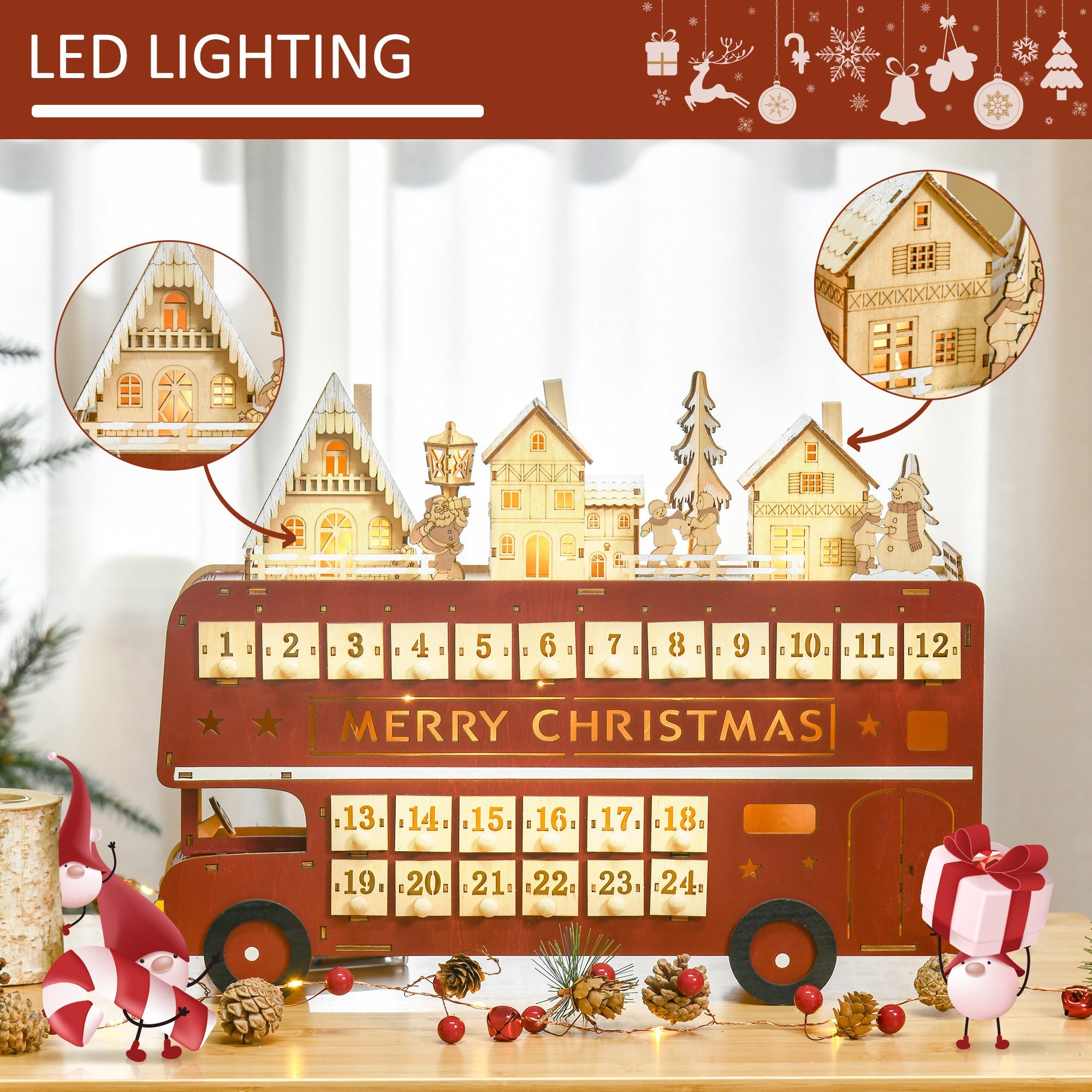 Christmas Bust Advent Calendar, Light Up Wooden Bus Holiday with Countdown Drawer