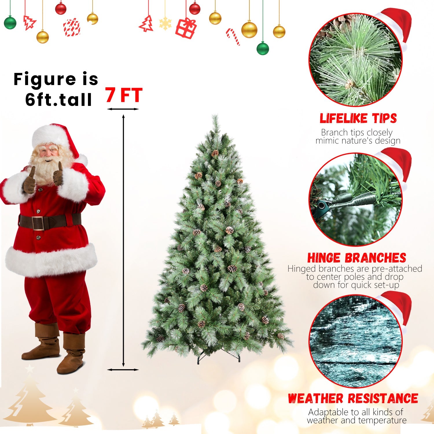 8FT Scotch Pine Christmas Tree, Premium Frosted Pre-Decorated Artificial Holiday Decor w/ 1,858 Branch Tips