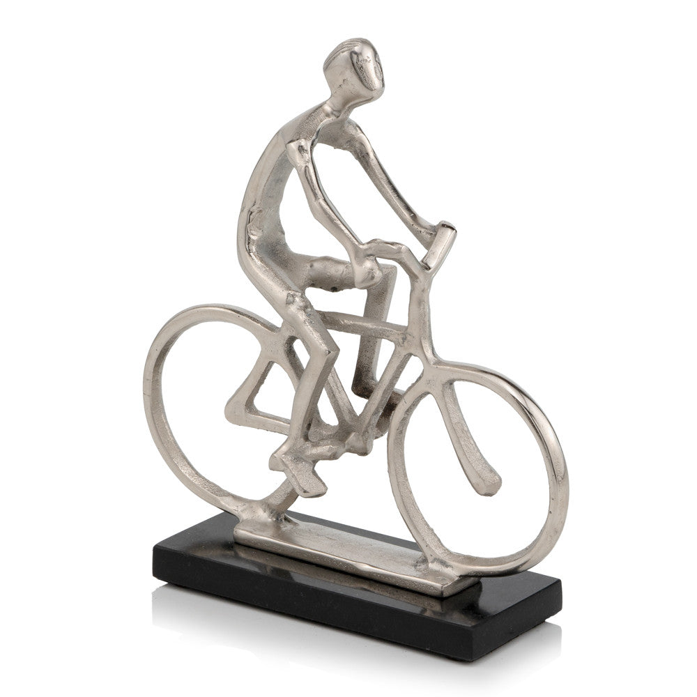 Silver and Black Marble Aluminum Man on Bike Sculpture