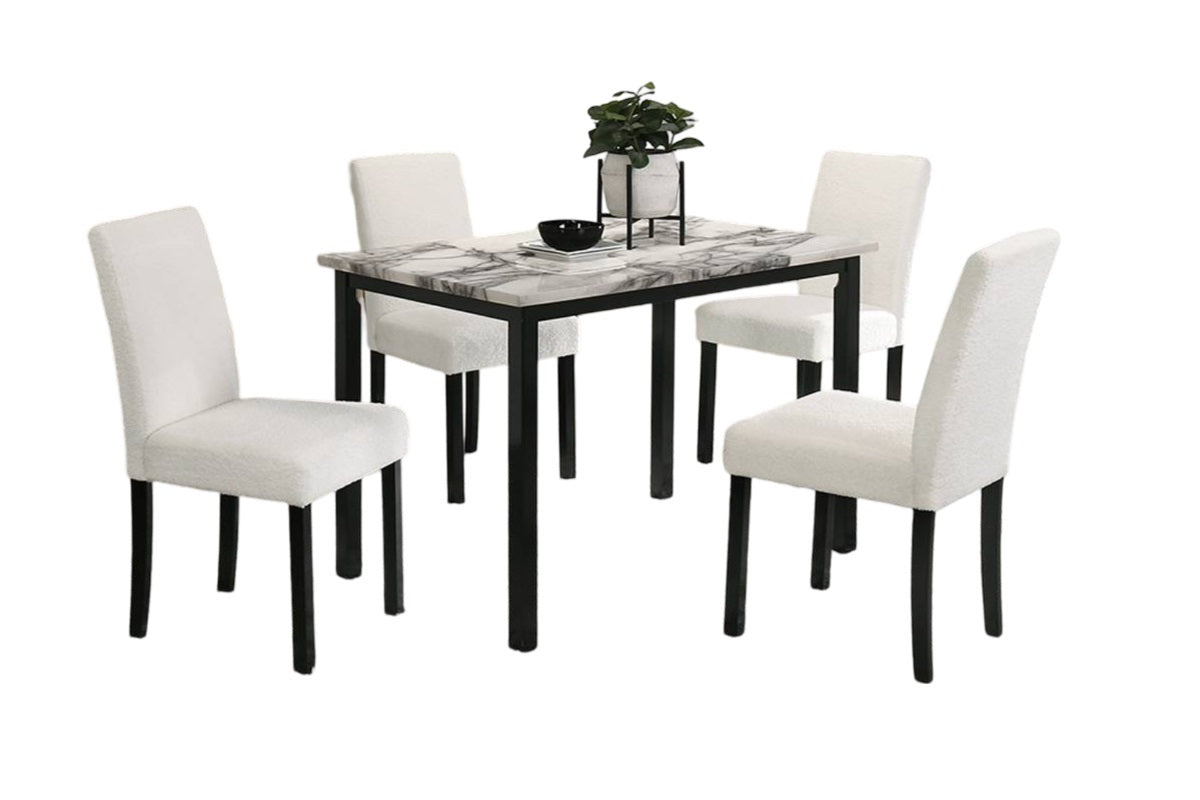 5pc Dining Set -White  Wool Fabric Chairs Faux Marble Top Table -Upholstered 4x Chairs Dining Room