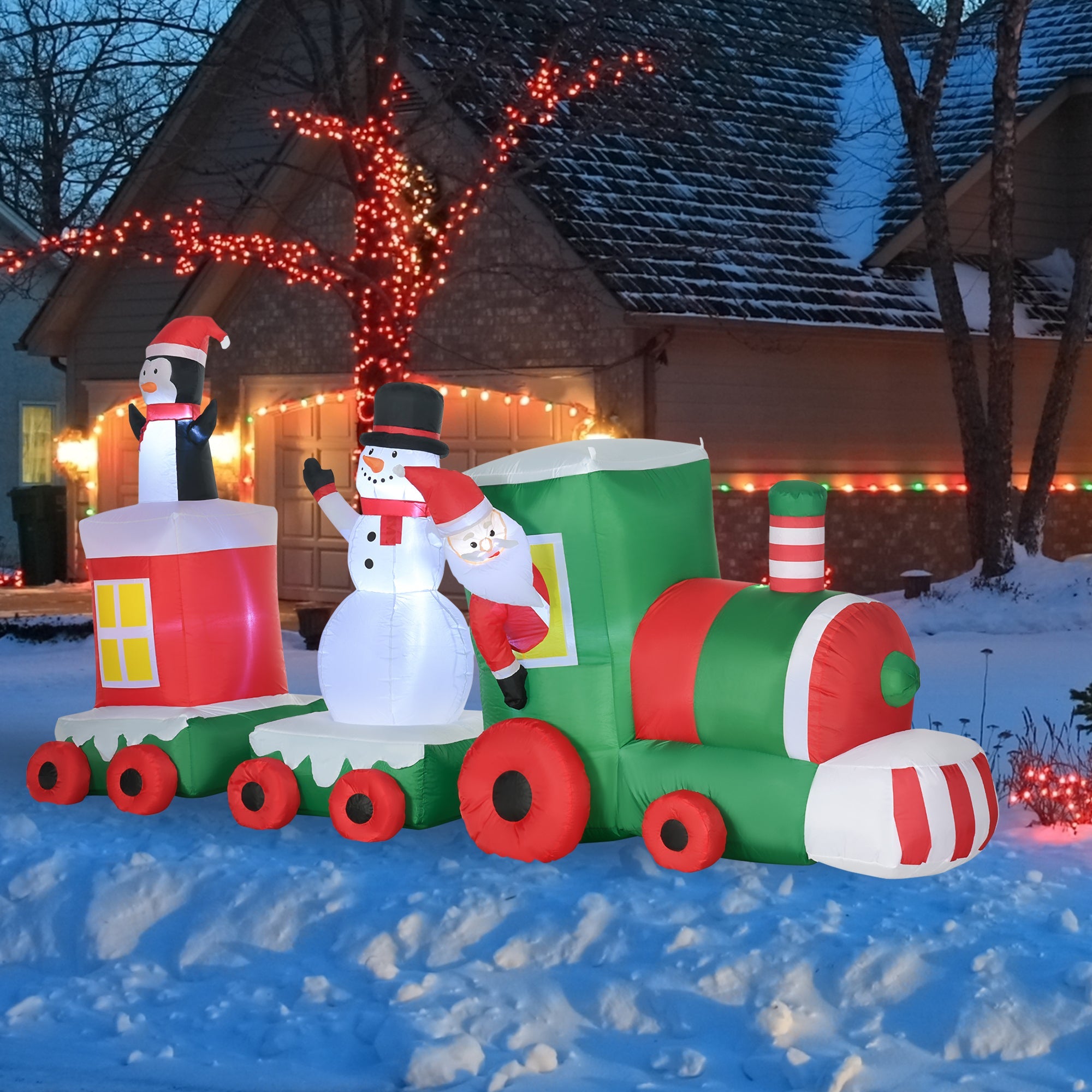 11ft  Holiday Train with Santa, Snowman and Penguin, Blow-Up Yard Decor with LED Lights-Christmas Inflatable Outdoor