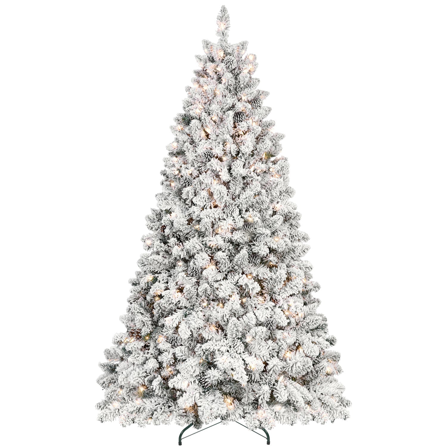 7.5ft Snow-Flocked Artificial Christmas Tree with Pine Cones, Prelit Xmas Trees, Hinged Easy Assembly & Reinforced Metal Base