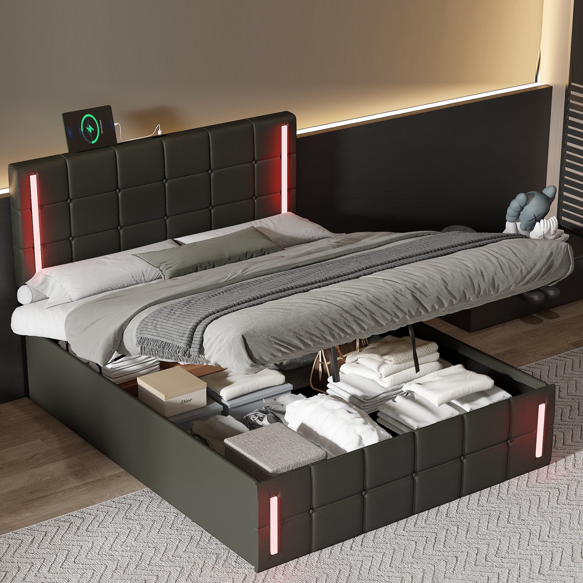 Full Size Upholstered Bed with LED Lights,Hydraulic Storage System and USB Charging Station,Black