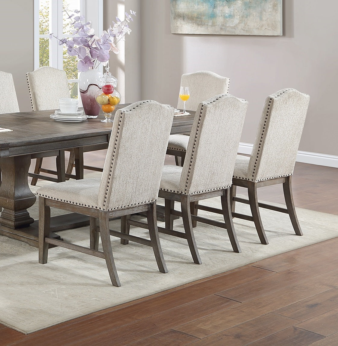 2pc Side Chairs Upholstered Back Oak Finish Nailhead Trim