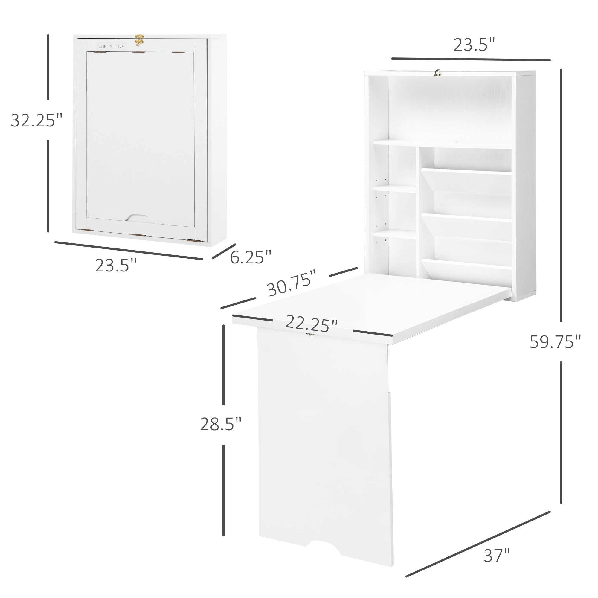 Wall Mounted Fold Out Convertible Desk, Multi-Function Floating Desk with Storage Shelf for Home Office, White