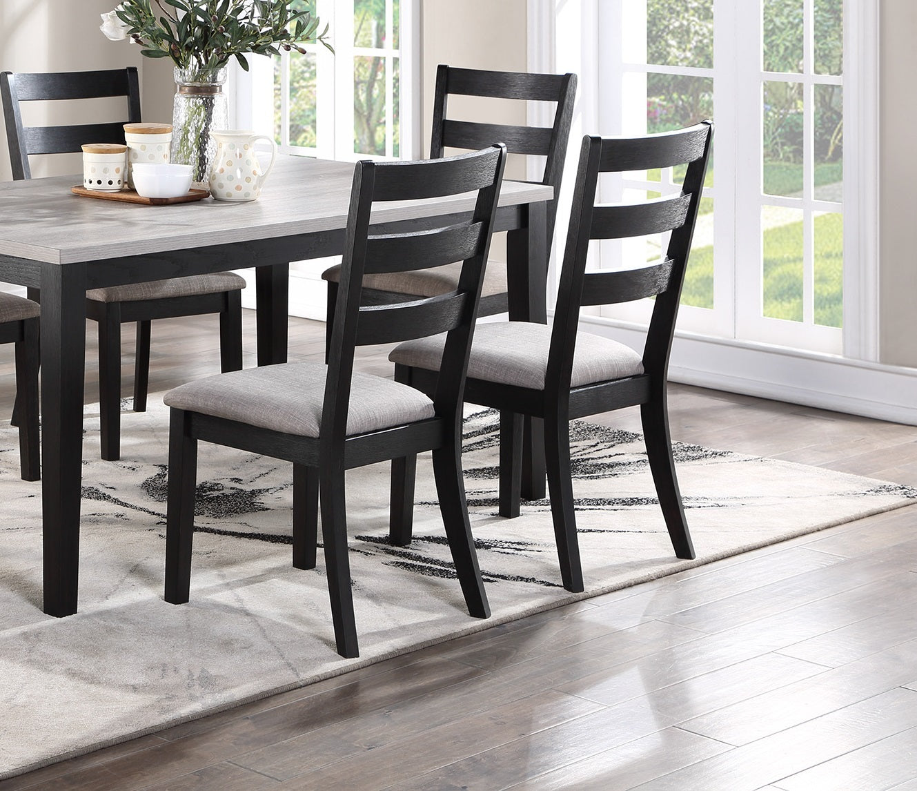 Rustic 7pc Dining Set Dining Room Furniture- Ladder back Side Chairs- light 2-Tone Sand Fabric Seat Cushion