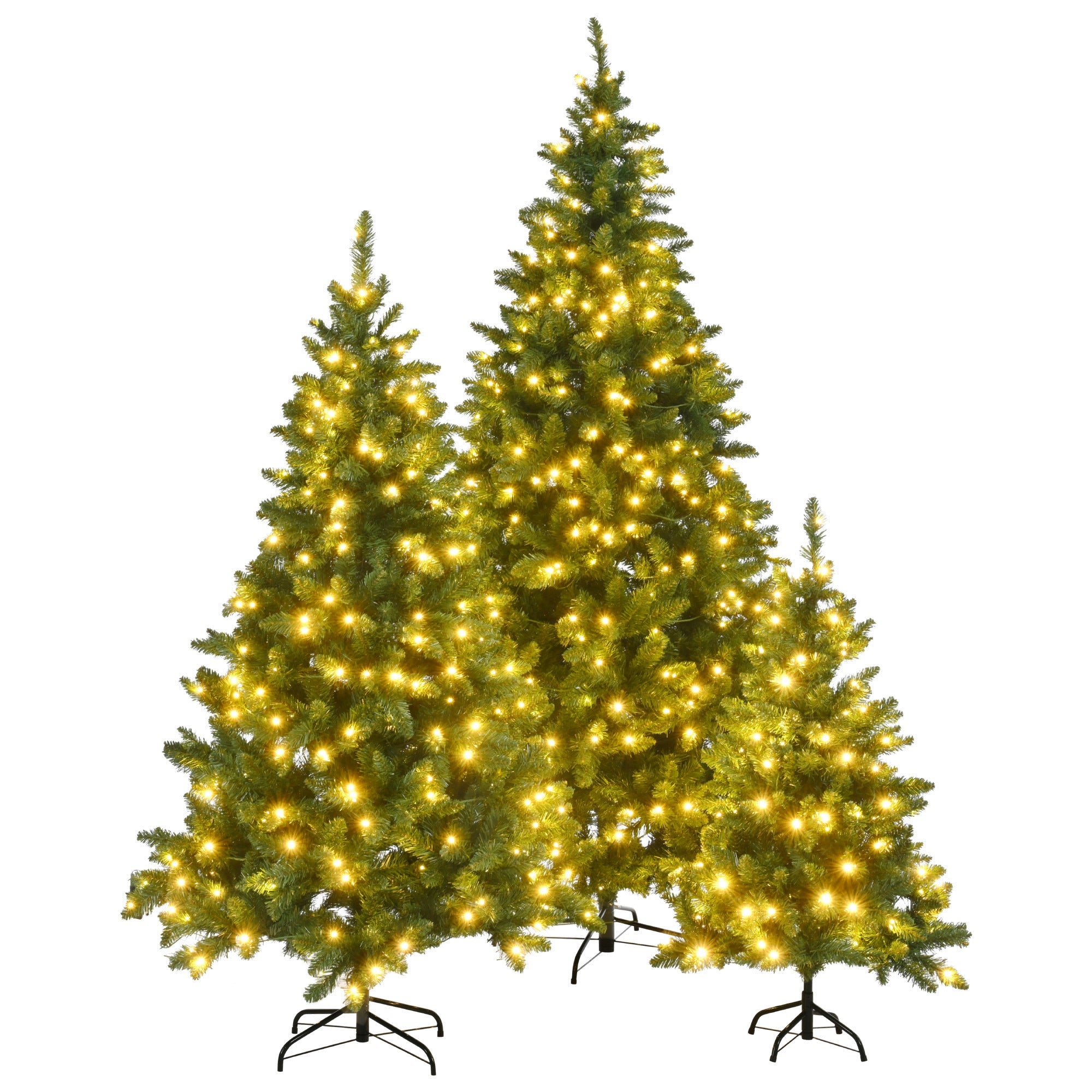 8FT, 6FT, 4FT Pre-Lit Green Pine Artificial Christmas Tree, Set of 3 Hinged Xmas Trees with 820 Warm-Yellow LED Lights