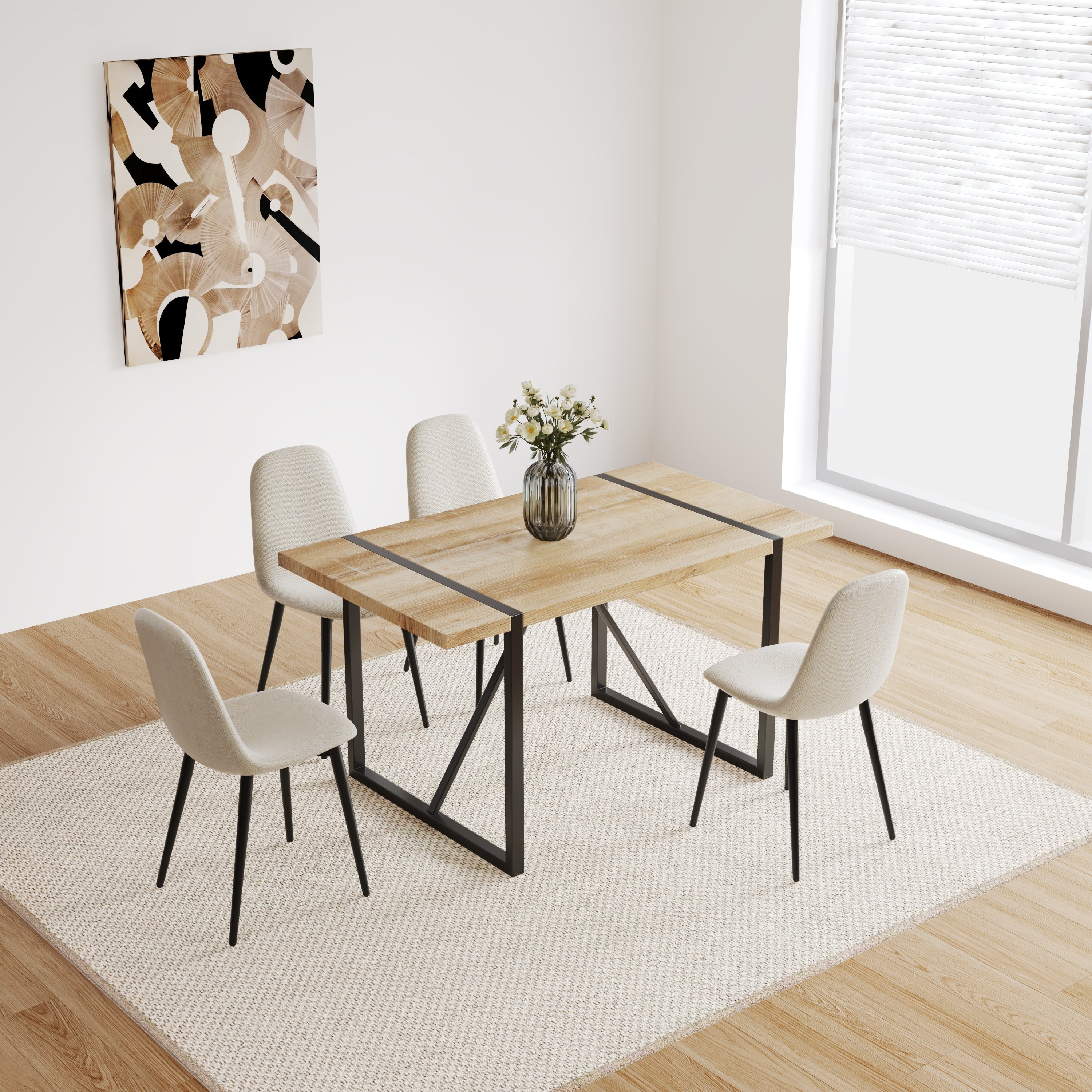 55" Natural color Dining Table and Modern Dining Chair Set of 4, Metal Base & Legs