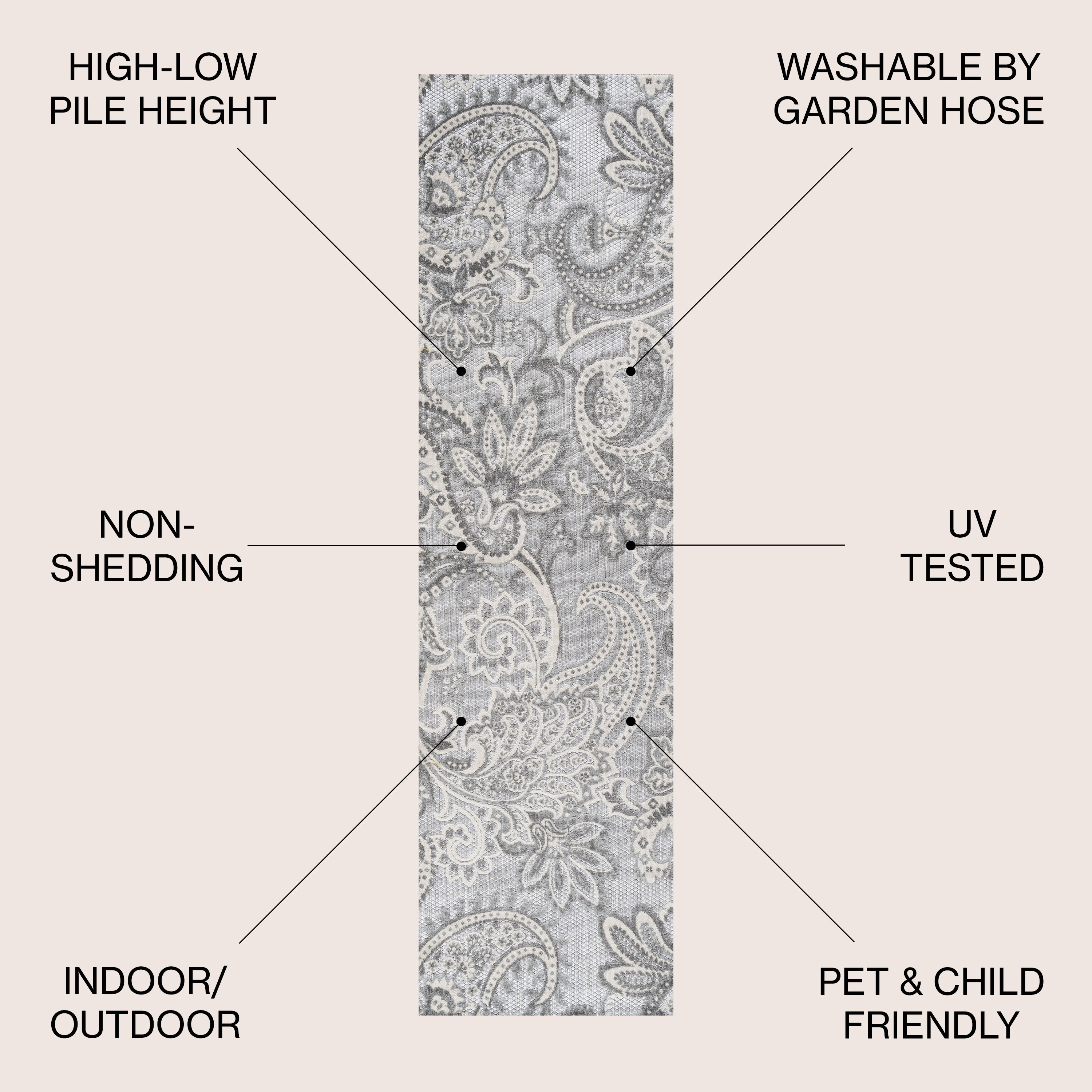 Gordes Paisley High-Low Light Gray/Ivory 2 ft. x 8 ft. Indoor/Outdoor Runner Rug