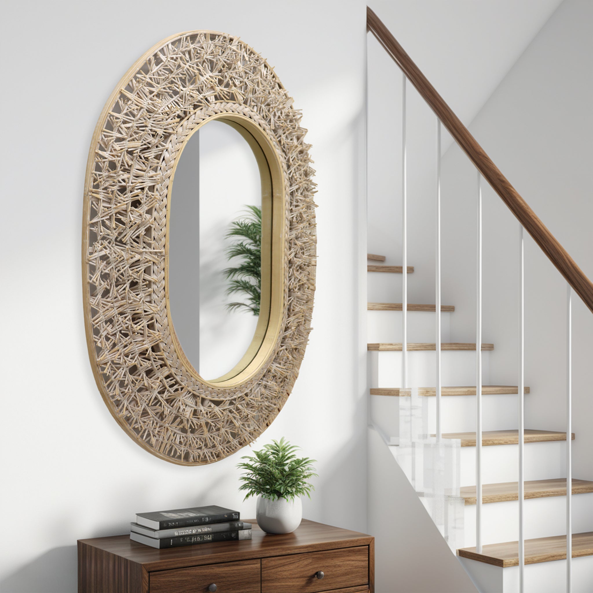 Coastal Mirror with Rattan Detail,Boho Bamboo Frame Mirror