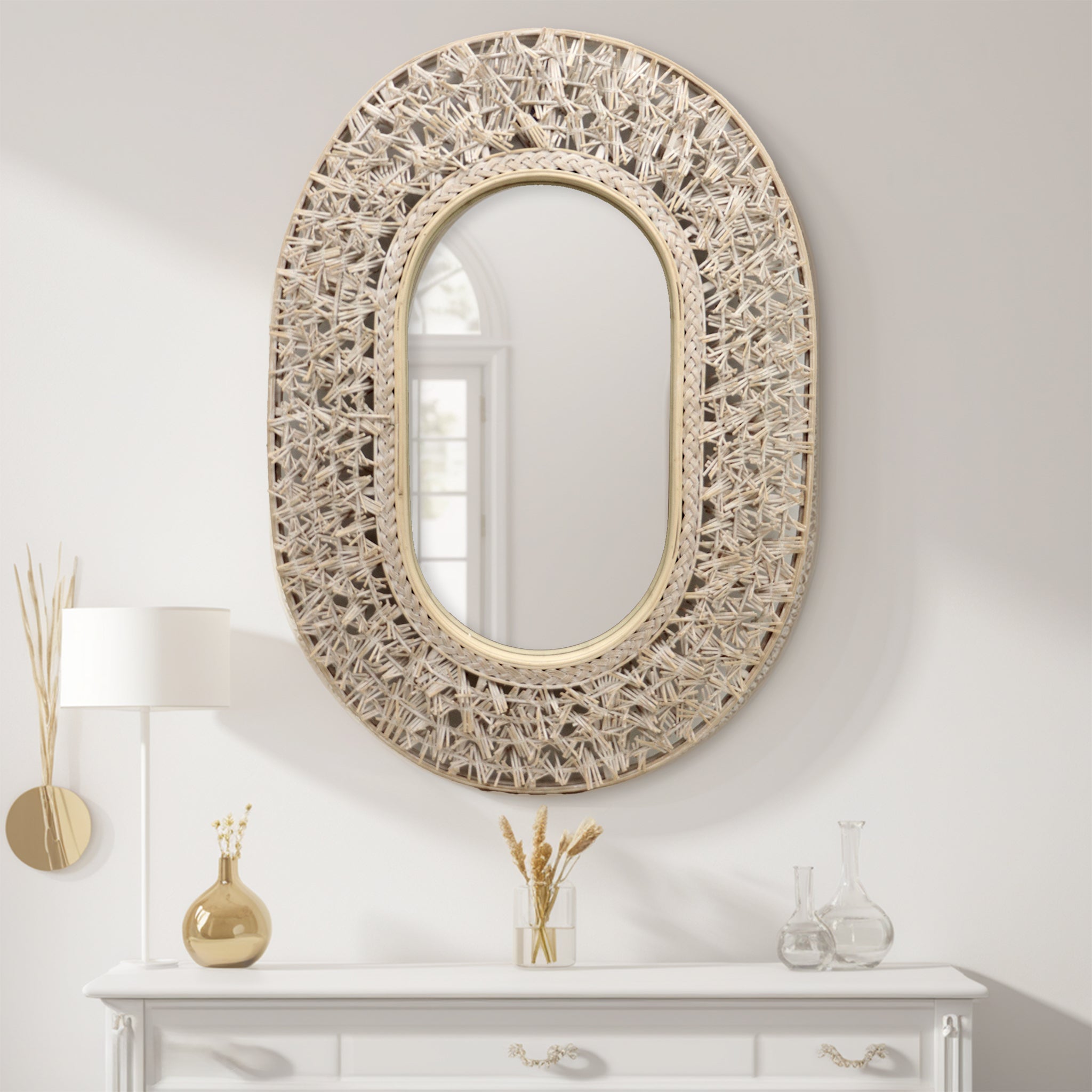 Coastal Mirror with Rattan Detail,Boho Bamboo Frame Mirror