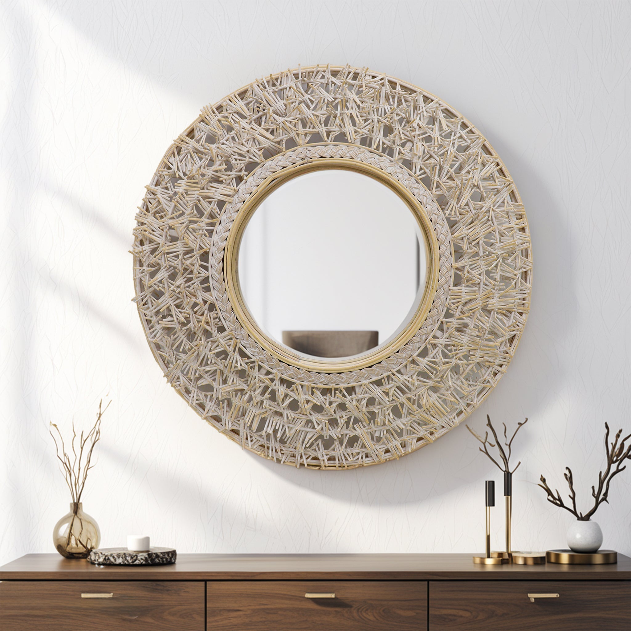 Round Rattan and Bamboo Decorative Wall Mirror