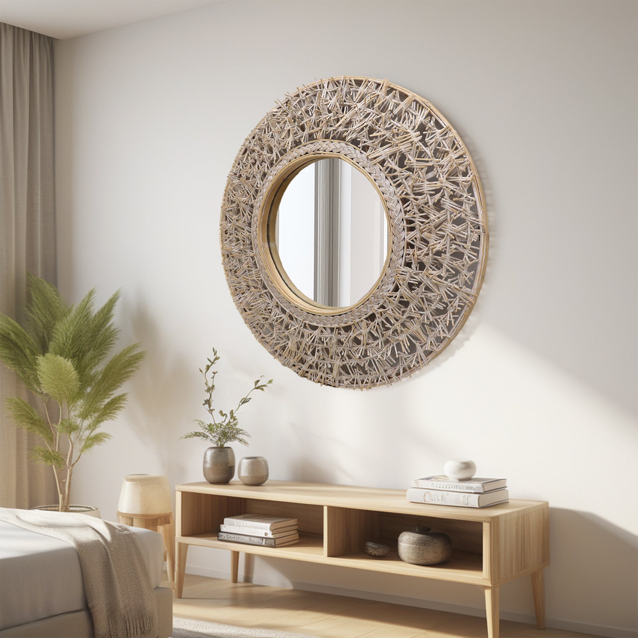 Round Rattan and Bamboo Decorative Wall Mirror