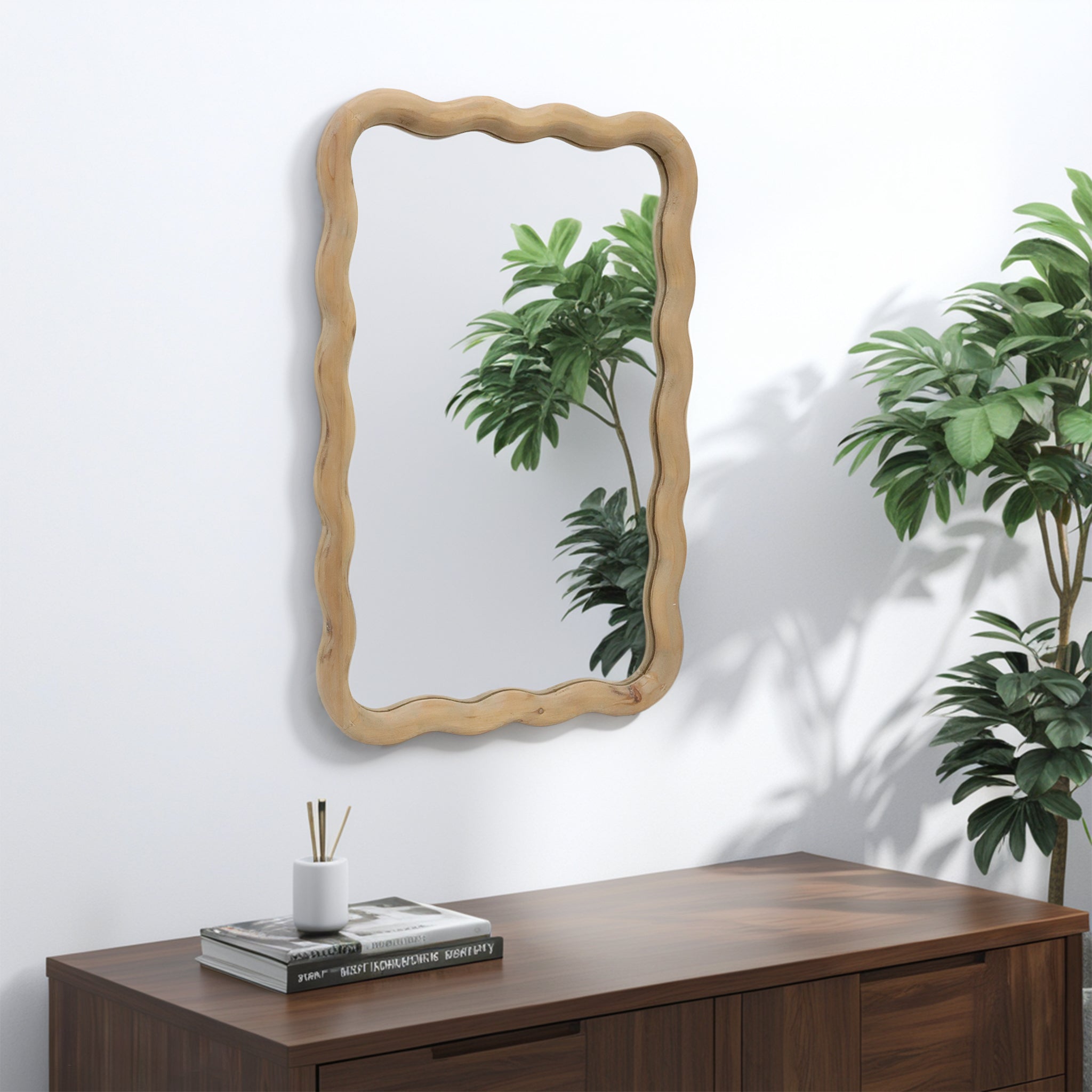 Boho Wavy Mirror, Wood Decorative Wall Mirror