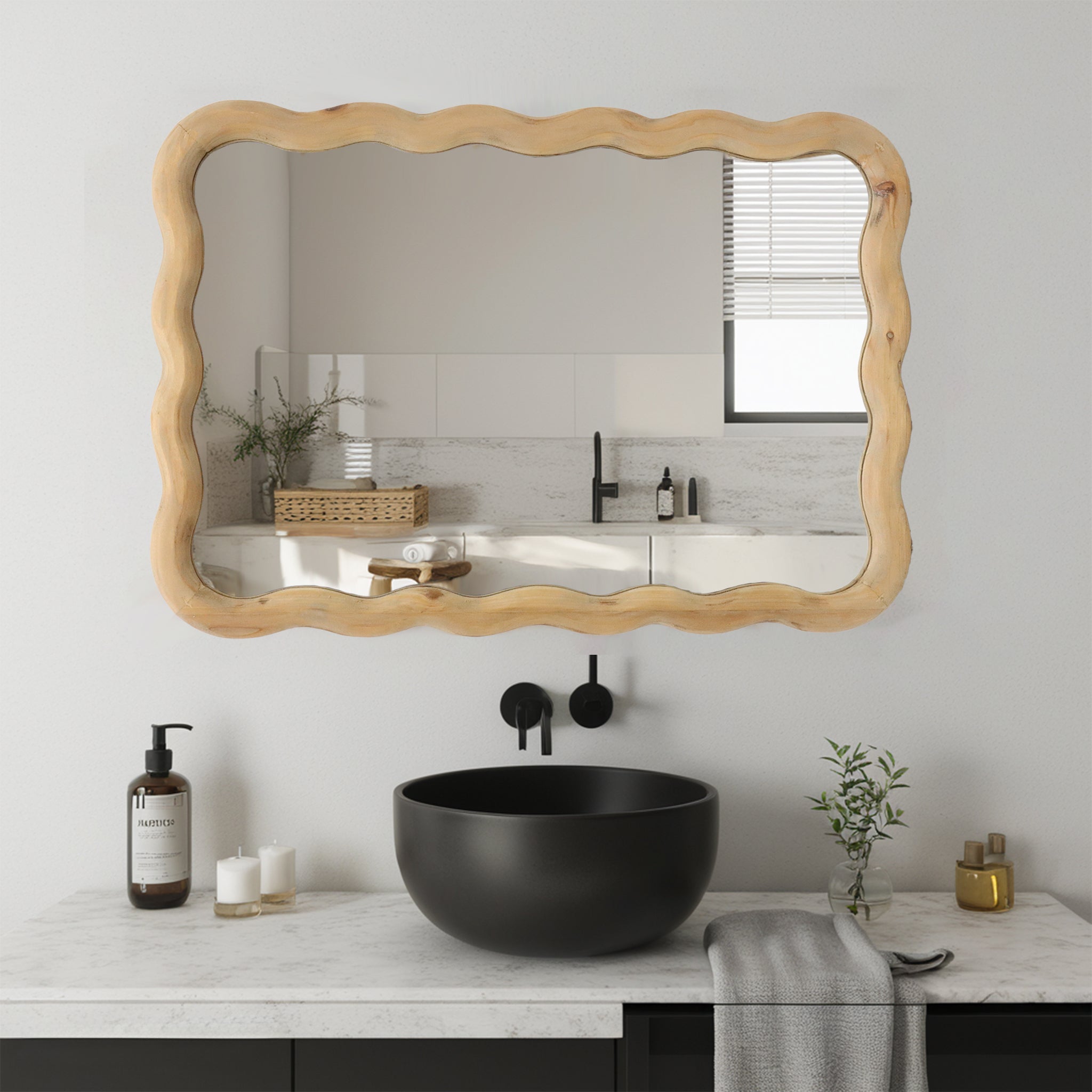 Boho Wavy Mirror, Wood Decorative Wall Mirror