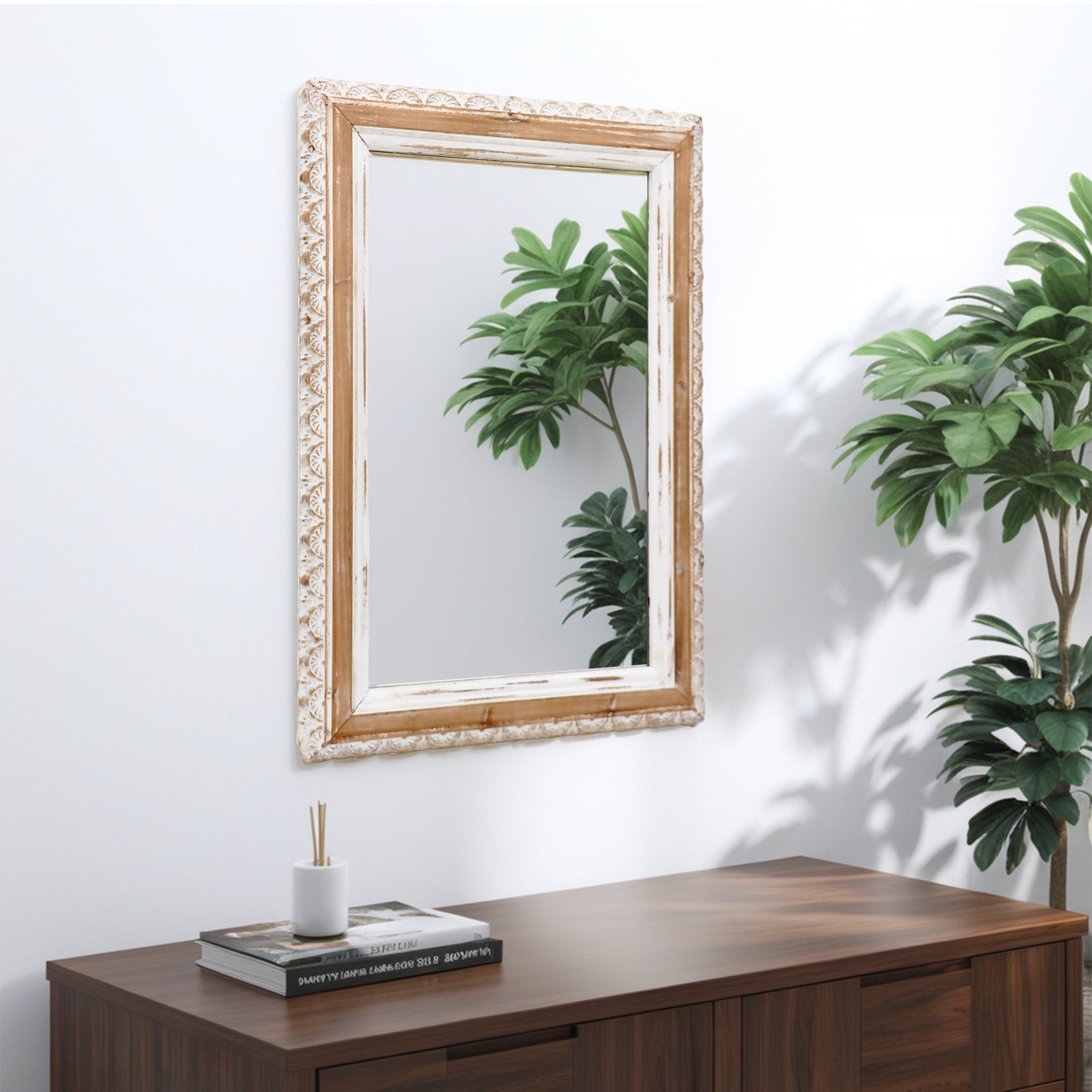 Rectangle Wall Mirror with Carved Wooden Frame