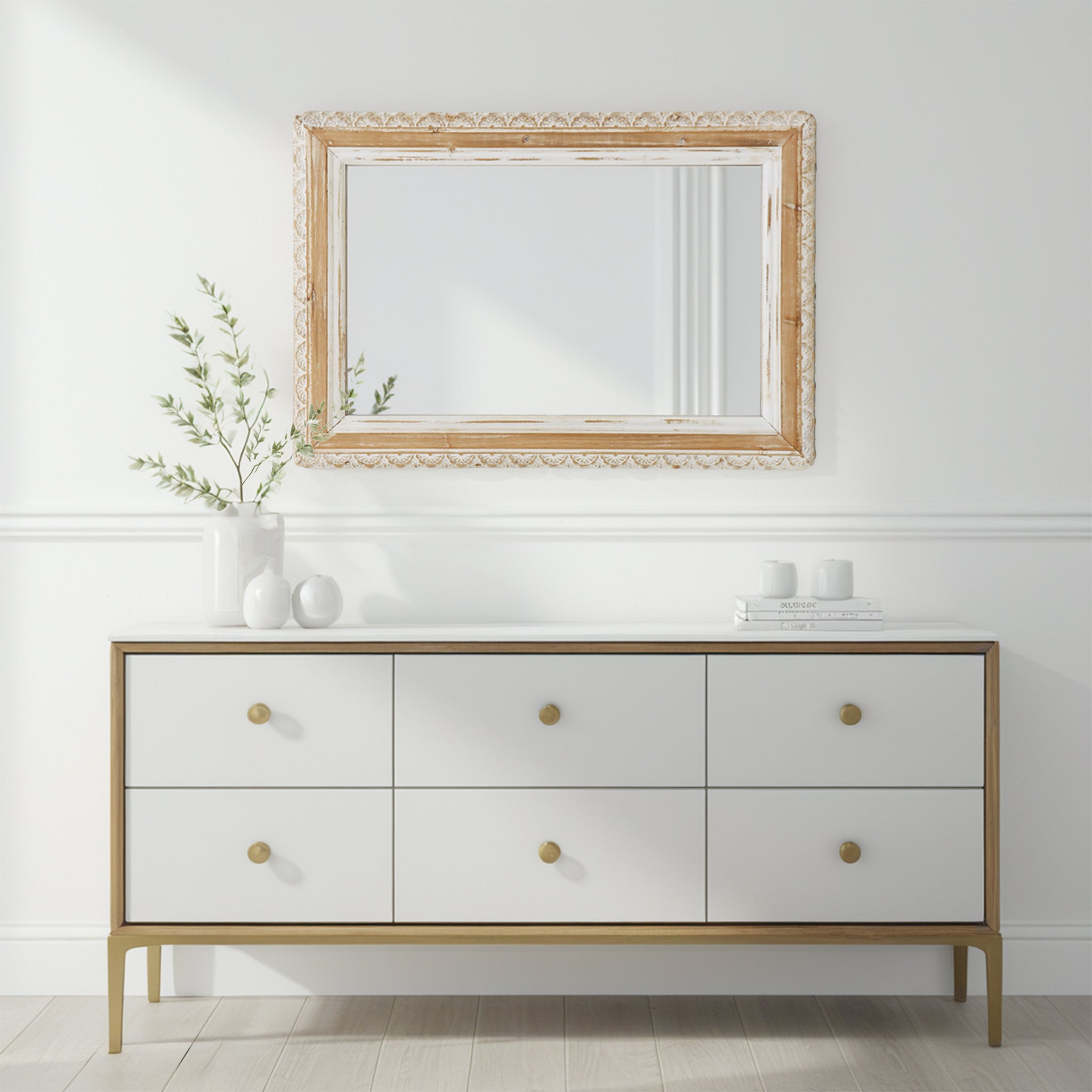 Rectangle Wall Mirror with Carved Wooden Frame