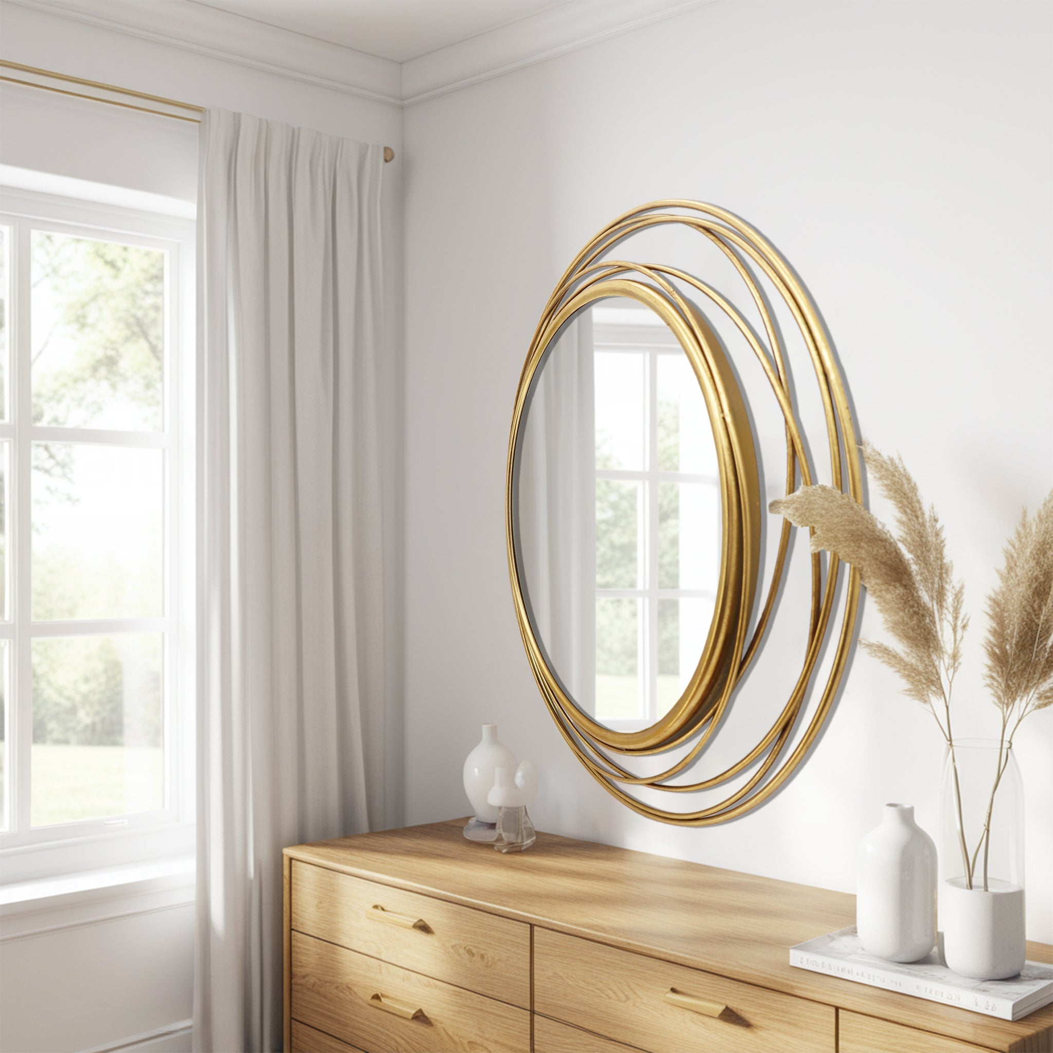 Gold Circle Mirror with Metal Wire Frame