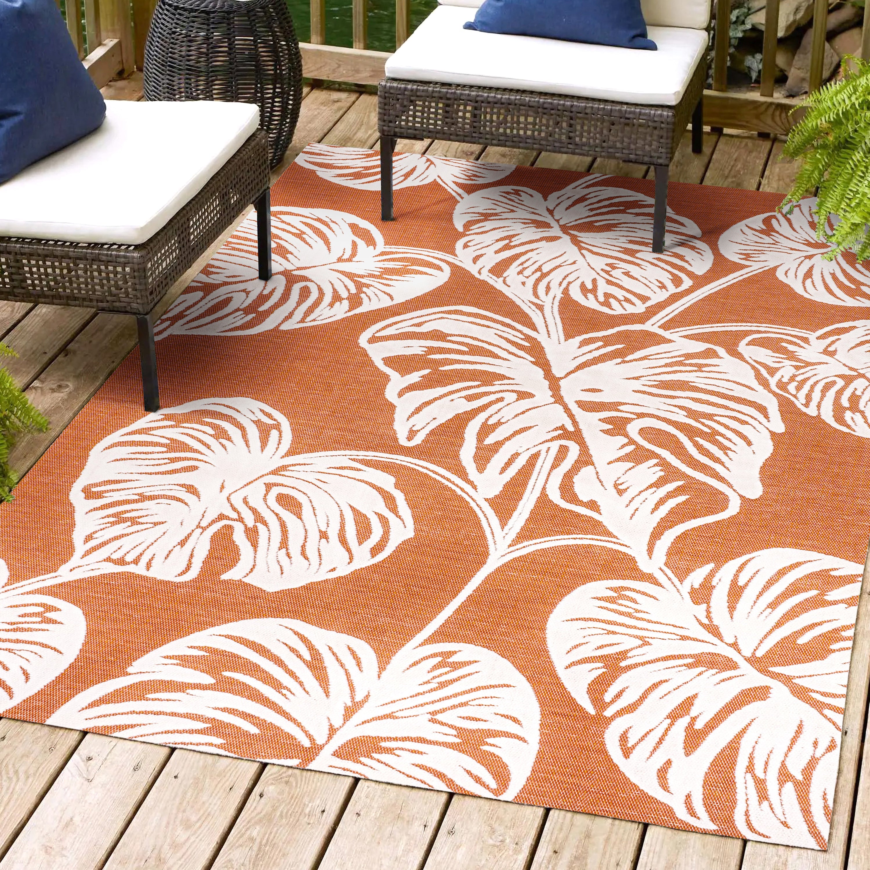 Tobago High-Low Two-Tone Monstera Leaf Indoor/Outdoor Area Rug