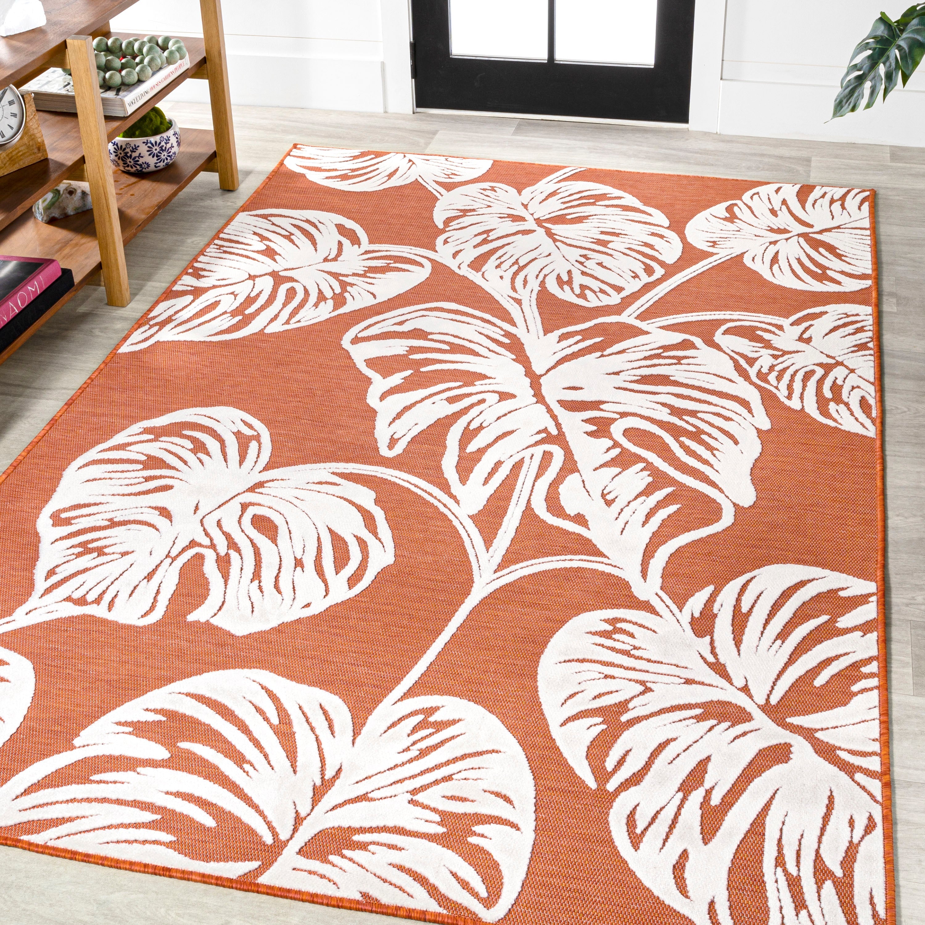 Tobago High-Low Two-Tone Monstera Leaf Indoor/Outdoor Area Rug