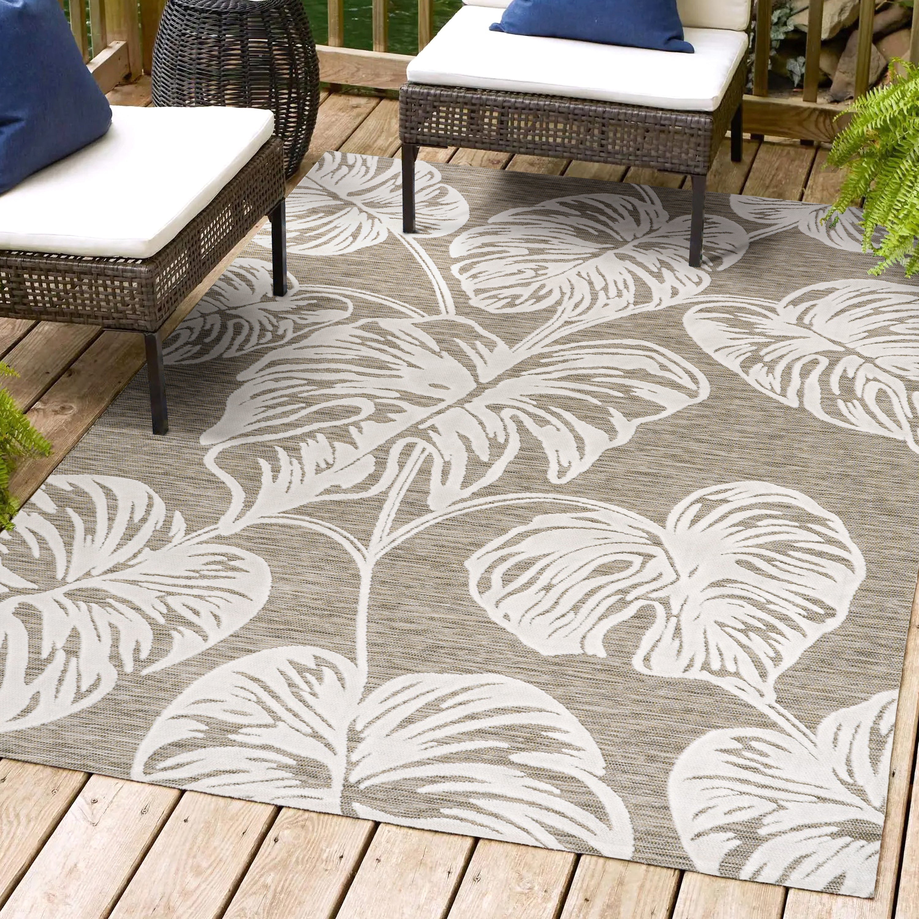 Tobago High-Low Two-Tone Monstera Leaf Indoor/Outdoor Area Rug