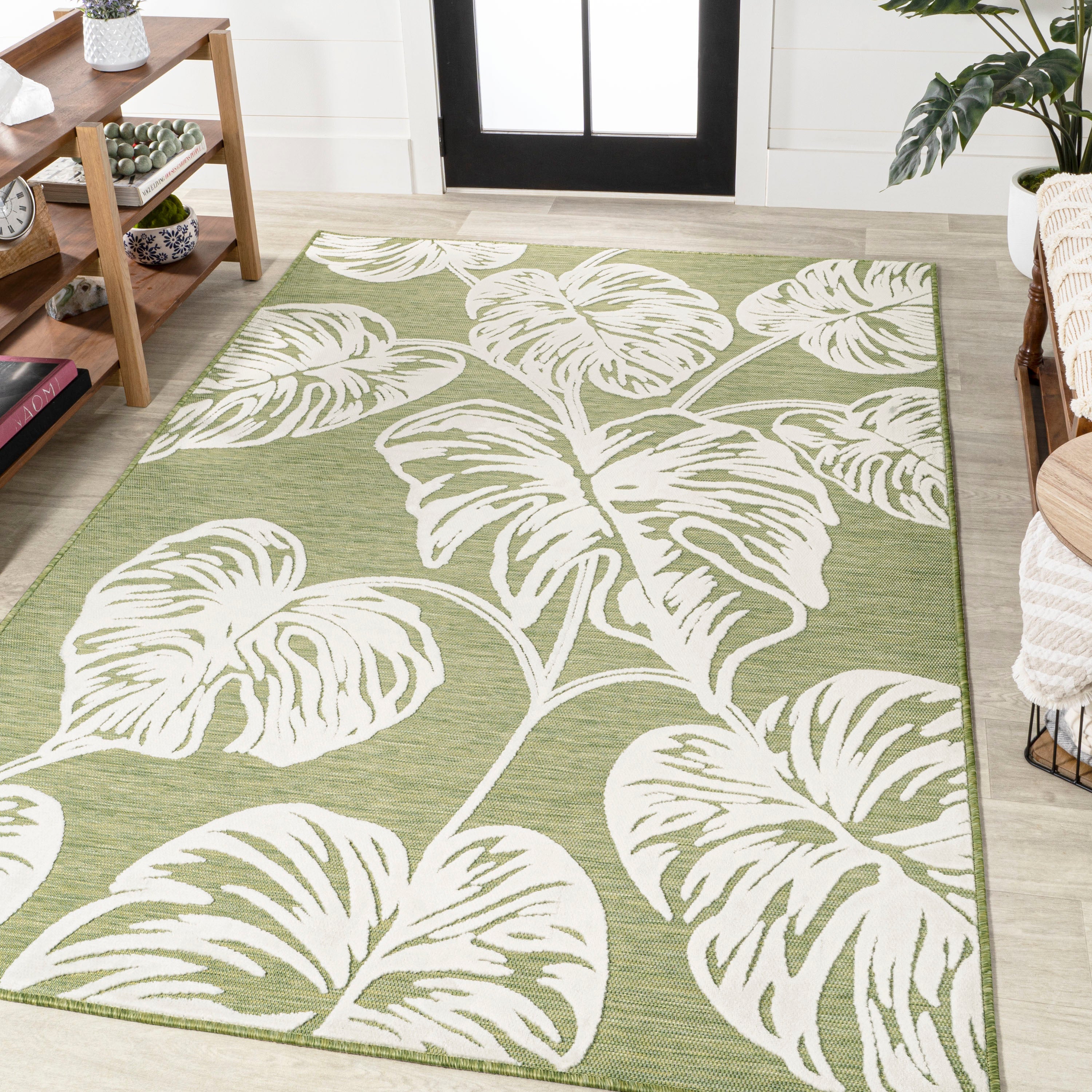 Tobago High-Low Two-Tone Monstera Leaf Indoor/Outdoor Area Rug