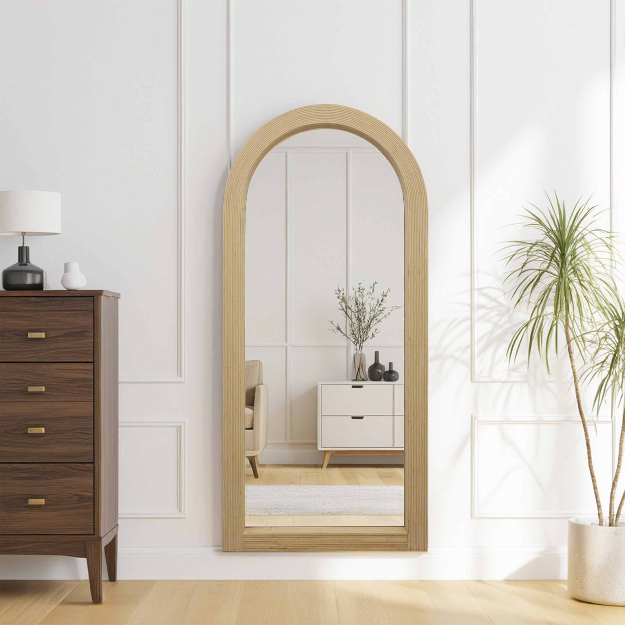 Arched Bamboo Wall Mirror,  Boho Full Length Mirror