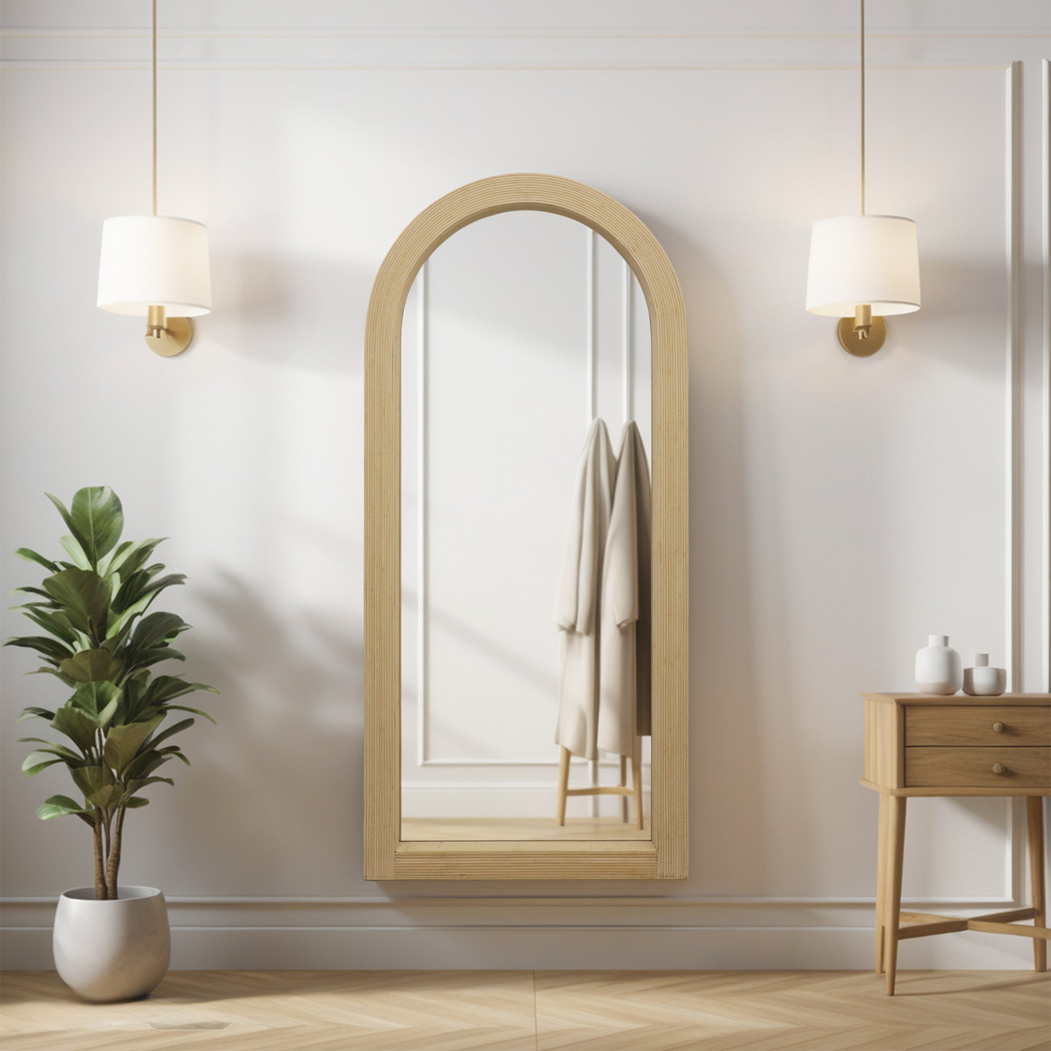 Arched Bamboo Wall Mirror,  Boho Full Length Mirror