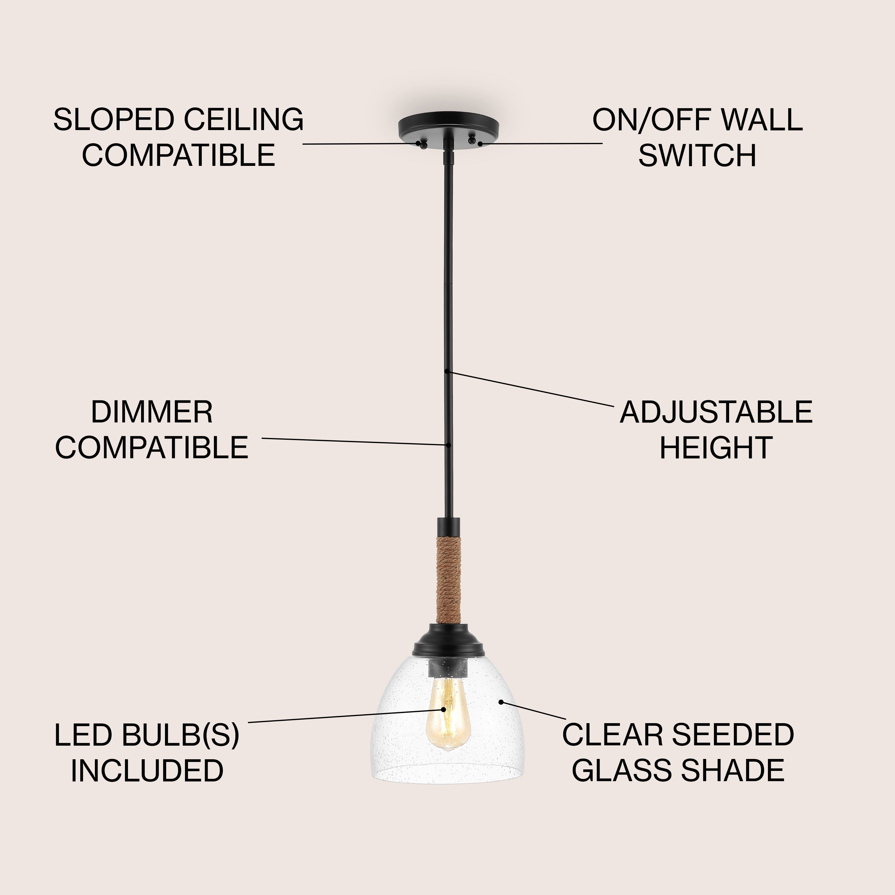 Alys Adjustable Rope-Wrap Modern Rustic Iron/Glass LED Pendant