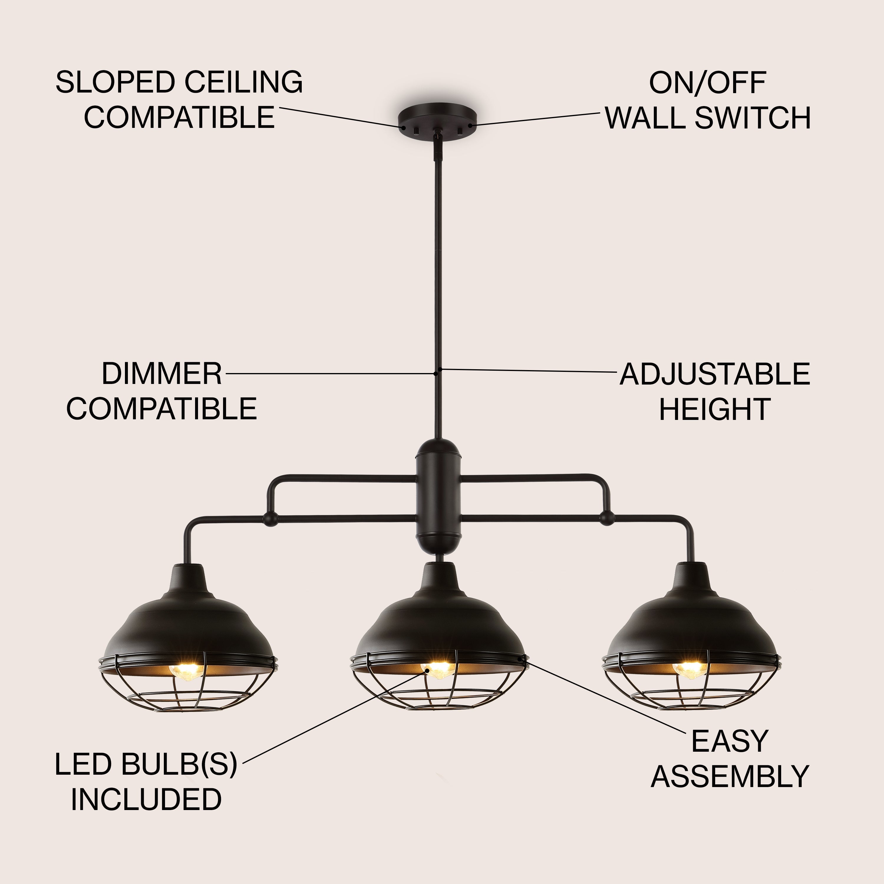 Levi 3-Light Industrial Farmhouse Iron Linear LED Pendant