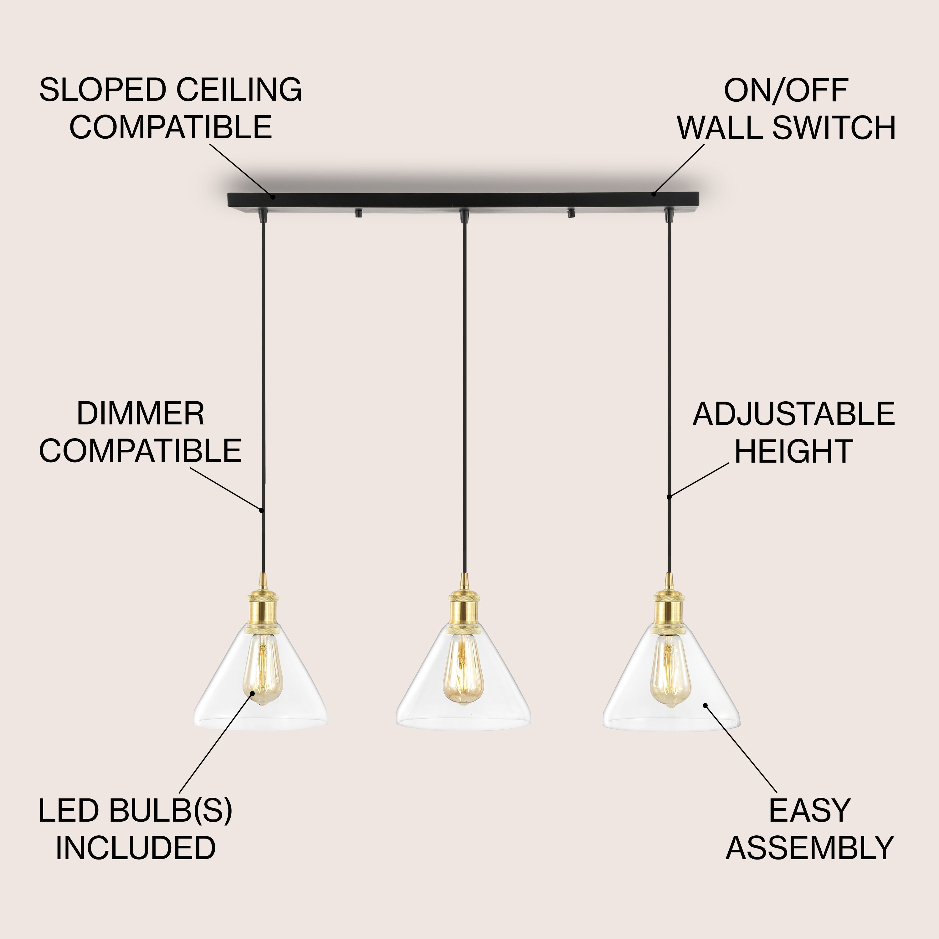 Kiawah 3-Light Metal/Glass Contemporary Modern LED Pendant