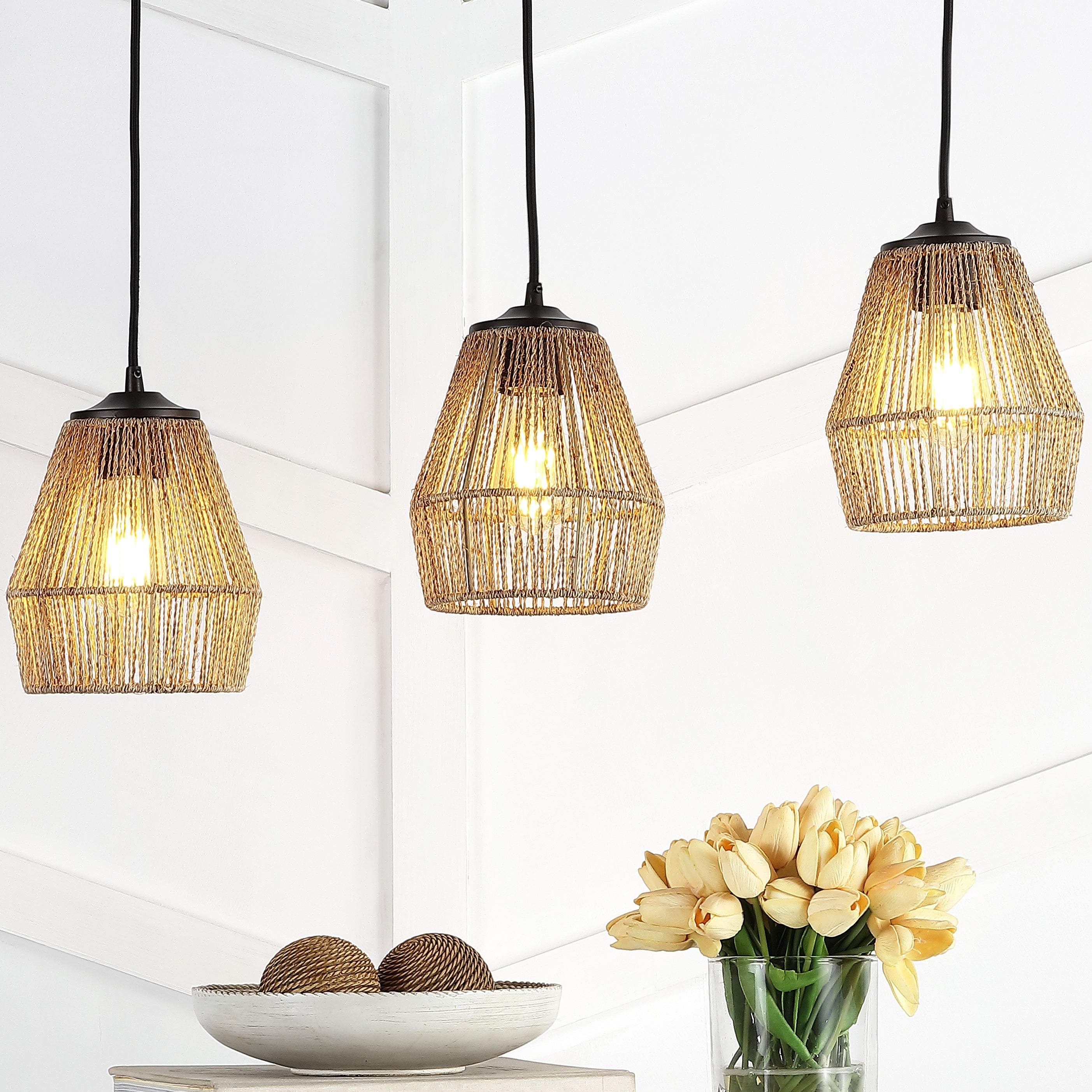 Ibiza 3-Light Woven Rope/Metal Bohemian Coastal LED Linear Pendant