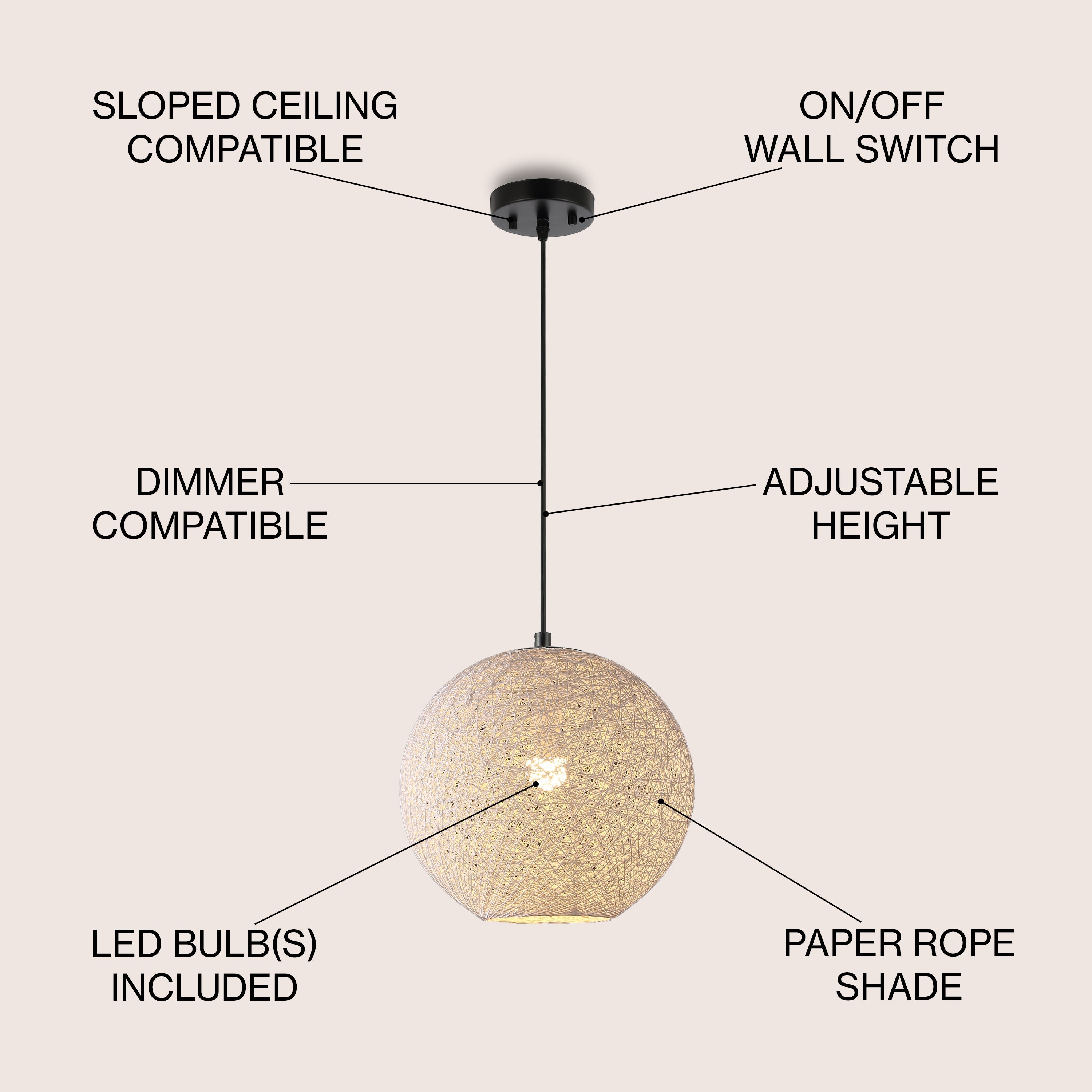 Lacey 1-Light Bohemian Minimalist Iron/Rope Woven Globe LED Pendant