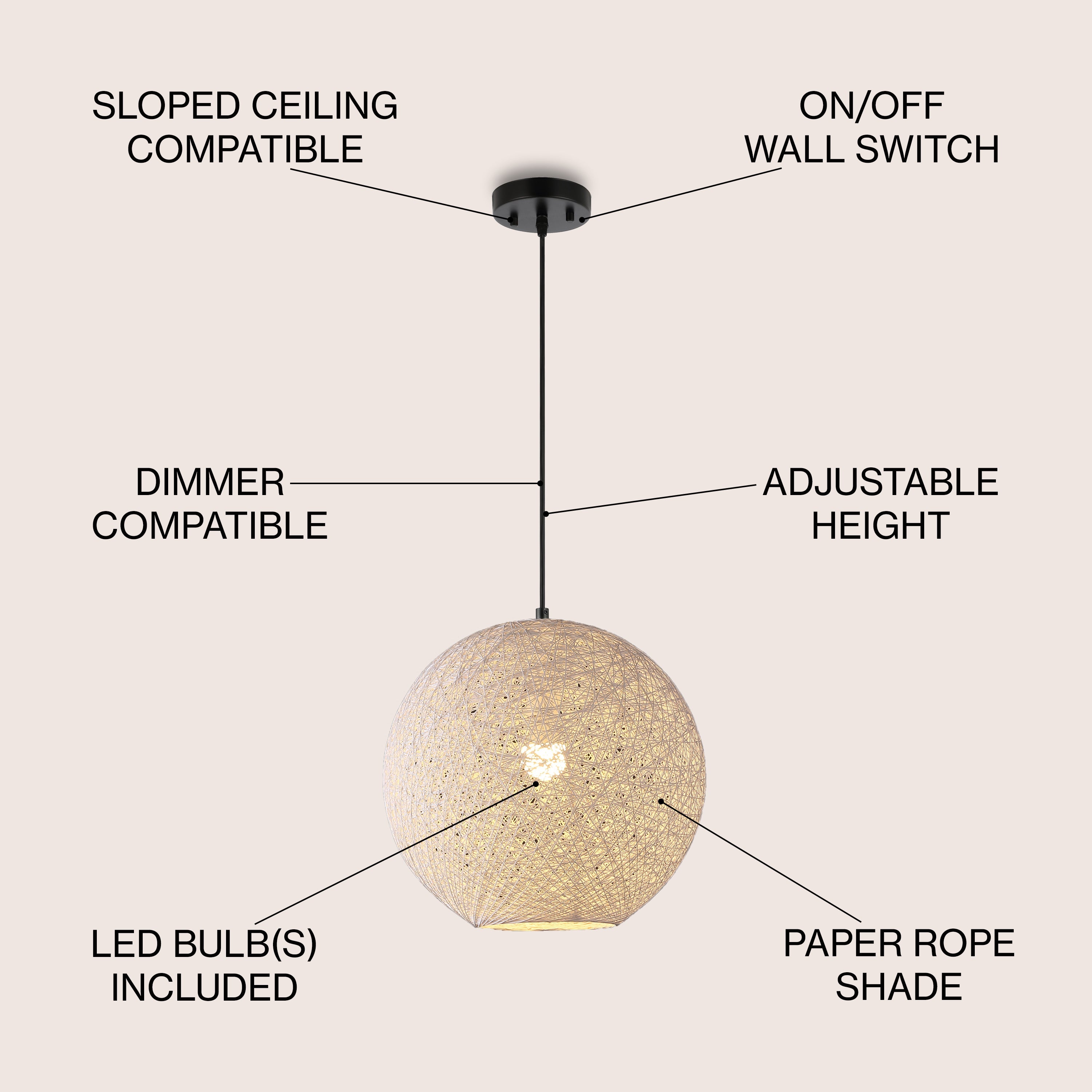 Lacey 1-Light Bohemian Minimalist Iron/Rope Woven Globe LED Pendant