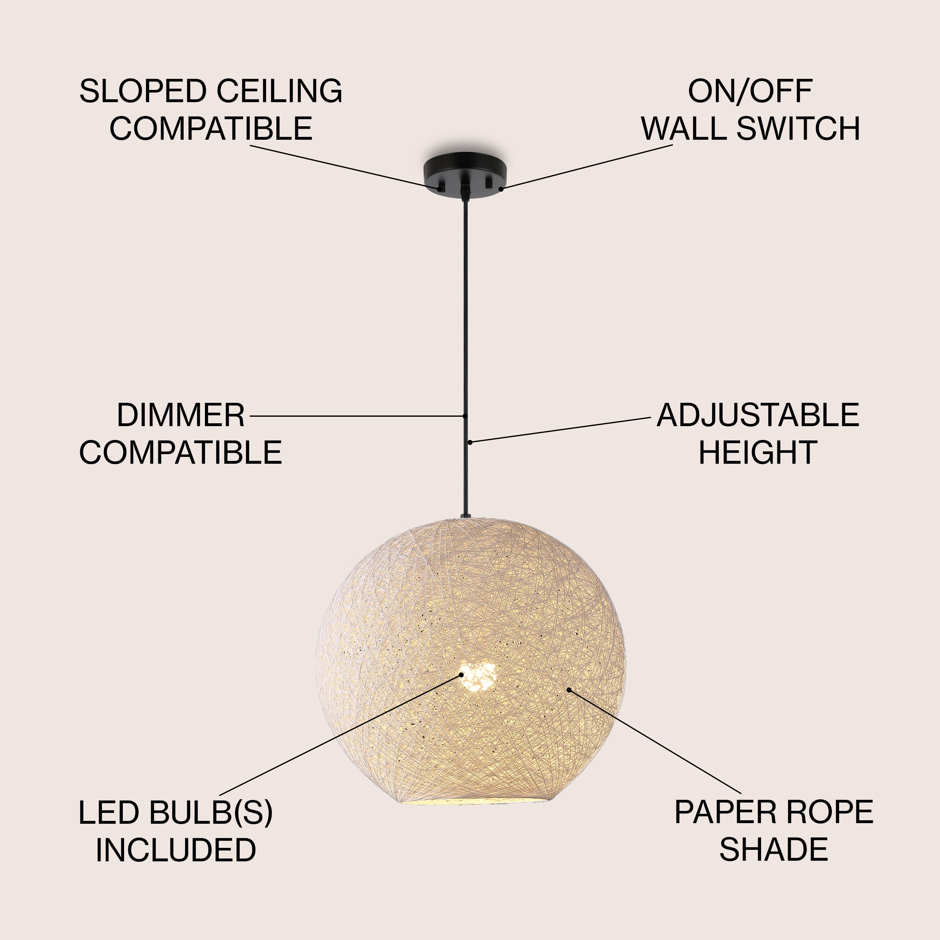 Lacey 1-Light Bohemian Minimalist Iron/Rope Woven Globe LED Pendant