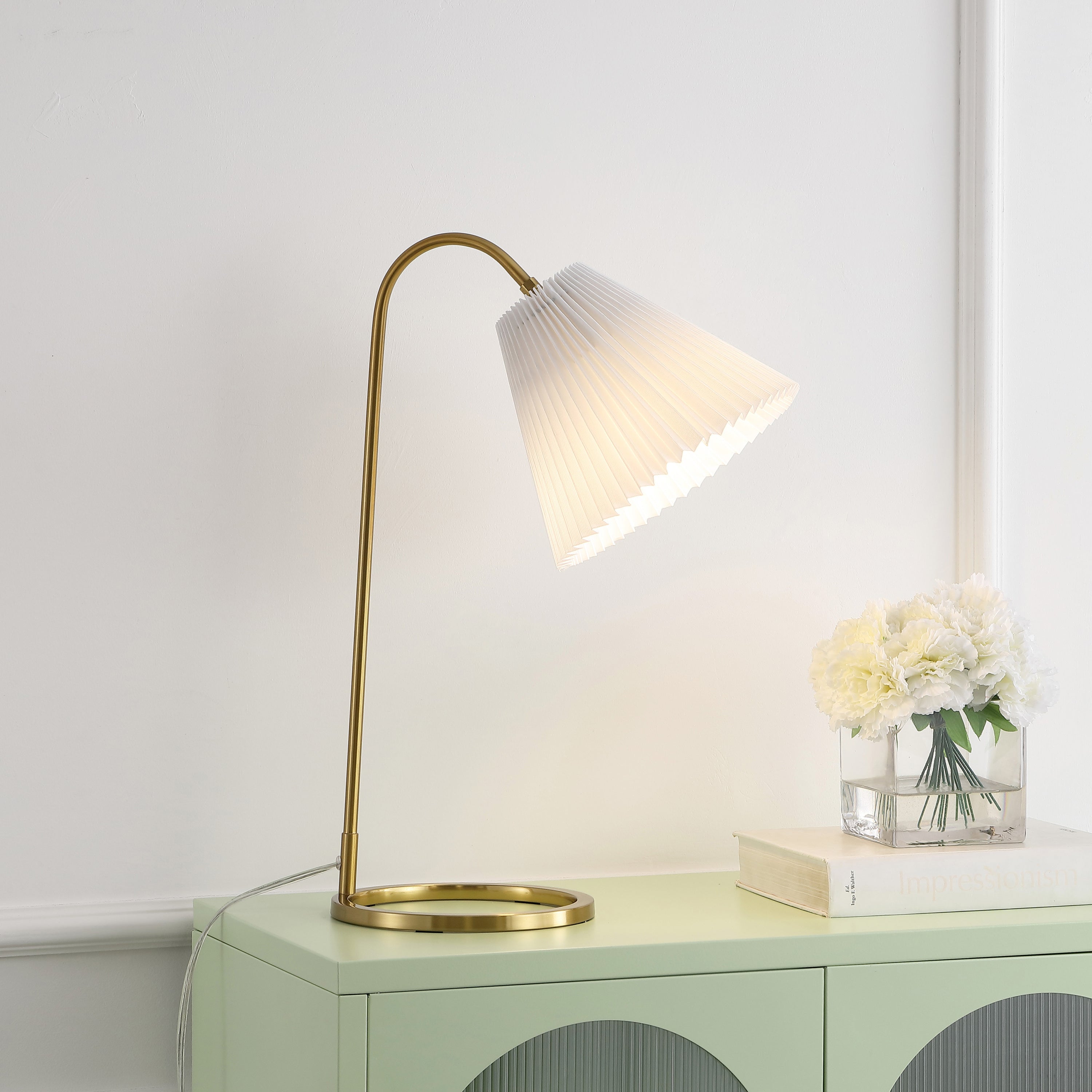 Callie Modern Glam Metal Arc Adjustable Head LED Table Lamp with Pleated Shade