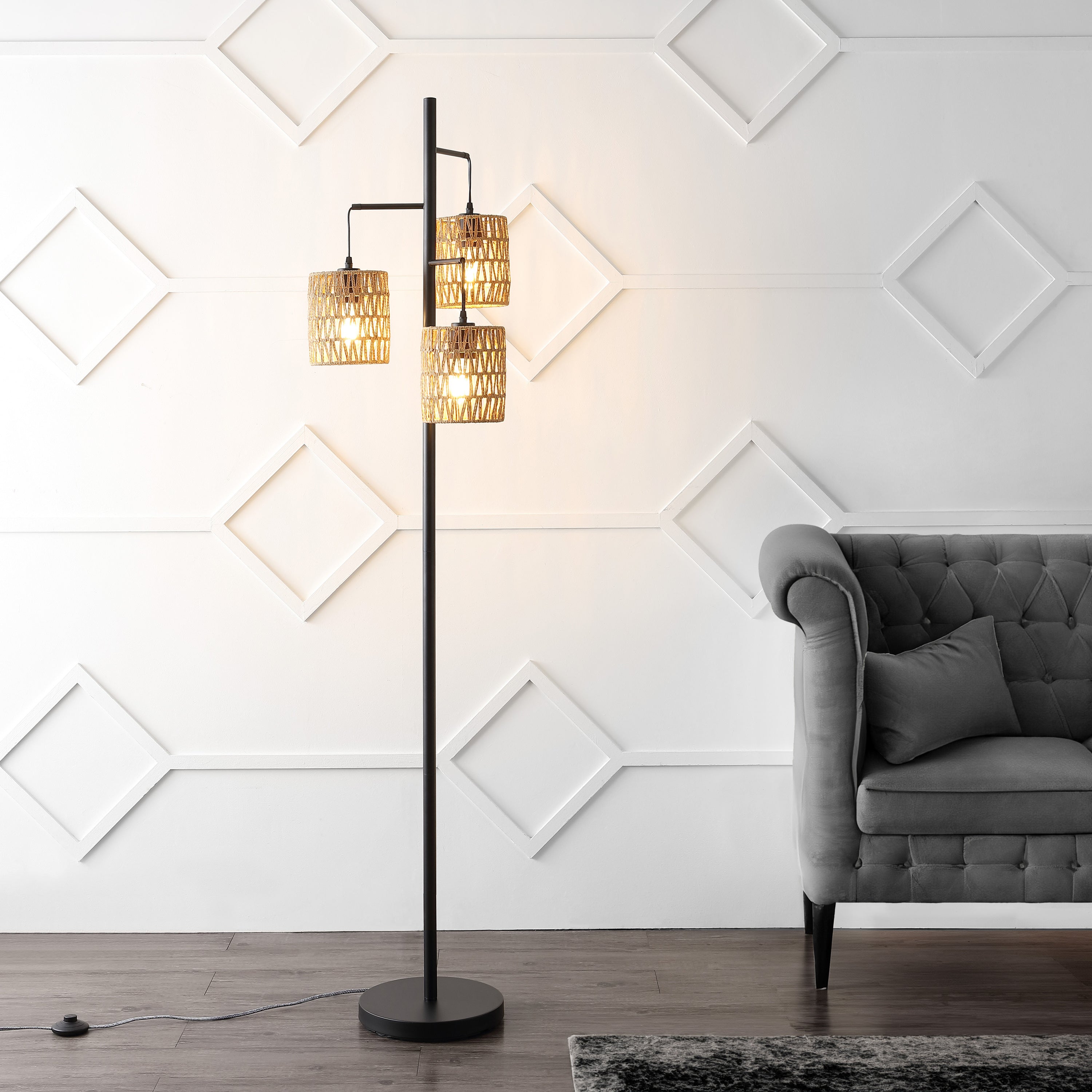 Isla 3-Light Mid-Century Bohemian Metal/Rope LED Floor Lamp