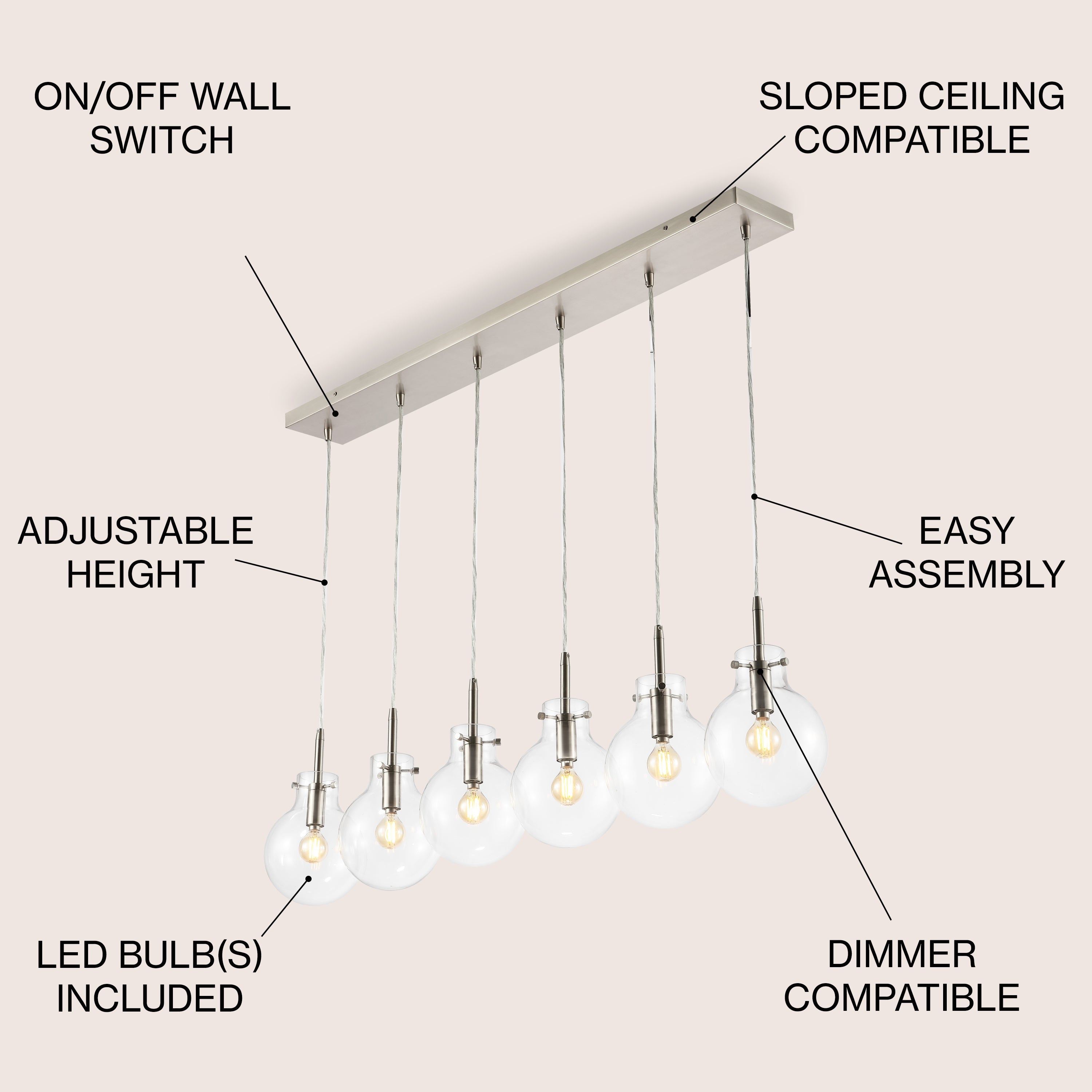 Harlow 6-Light Modern Contemporary Round Glass/Iron LED Linear Pendant