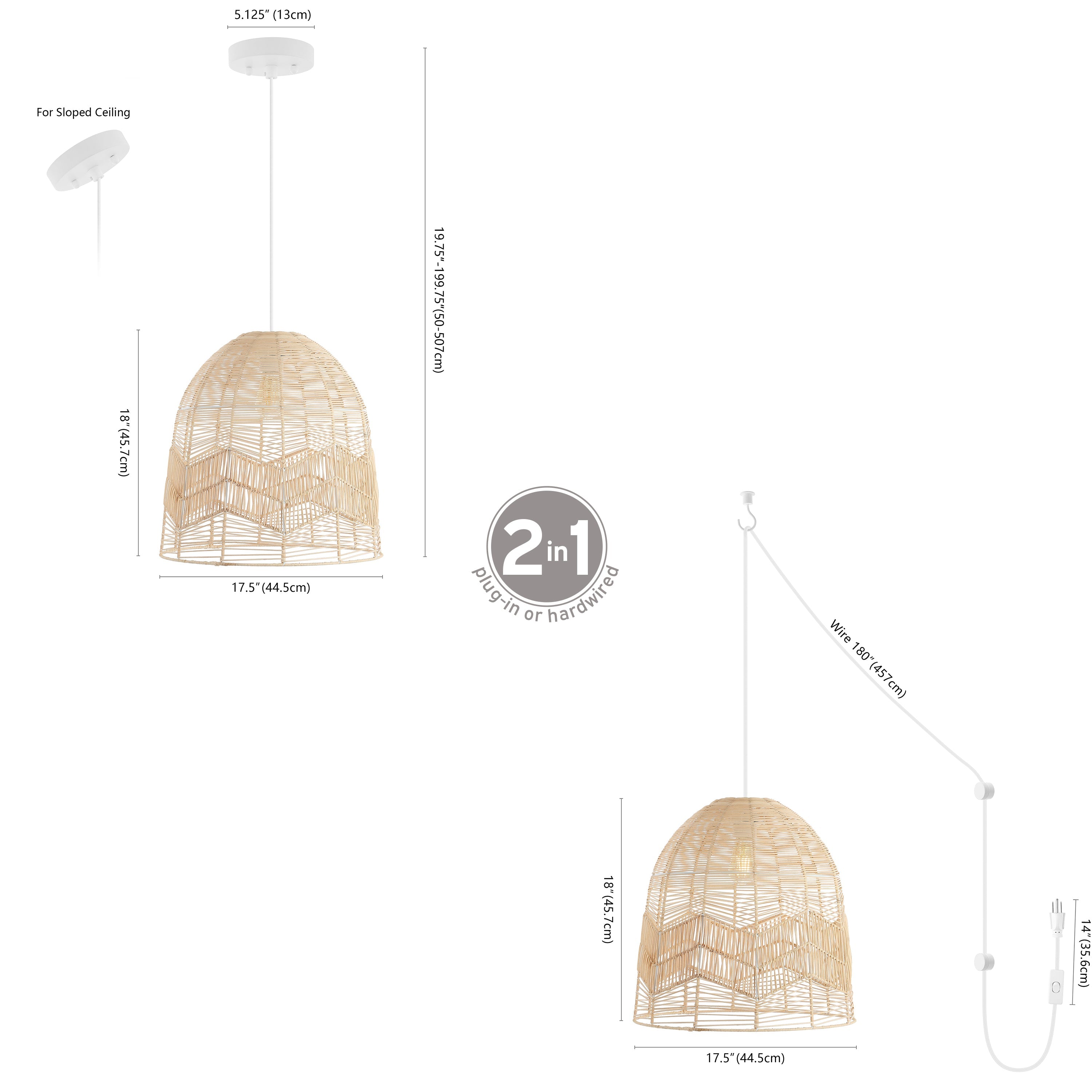 Sofia 1-Light Farmhouse Coastal Rattan 180" Cord Plug-In or Hardwired LED Pendant