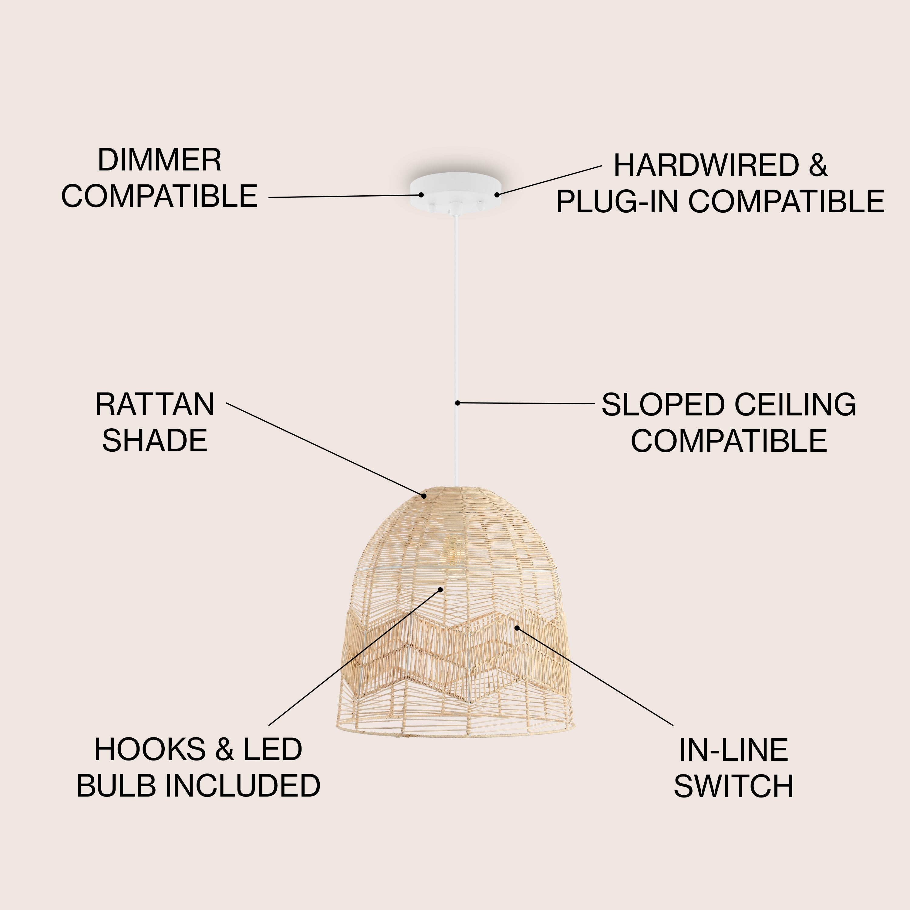 Sofia 1-Light Farmhouse Coastal Rattan 180" Cord Plug-In or Hardwired LED Pendant
